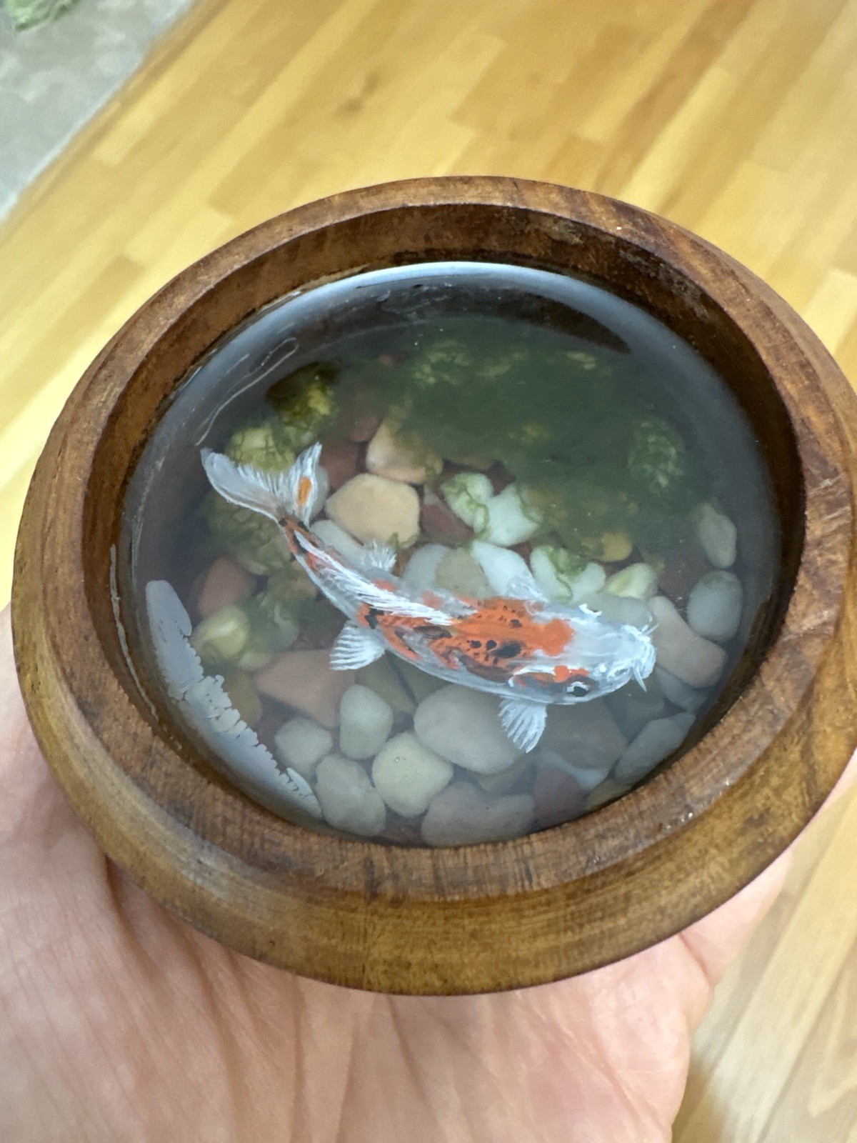 Handmade Wooden Box with Resin Koi Fish Art – 3D Pond Scene