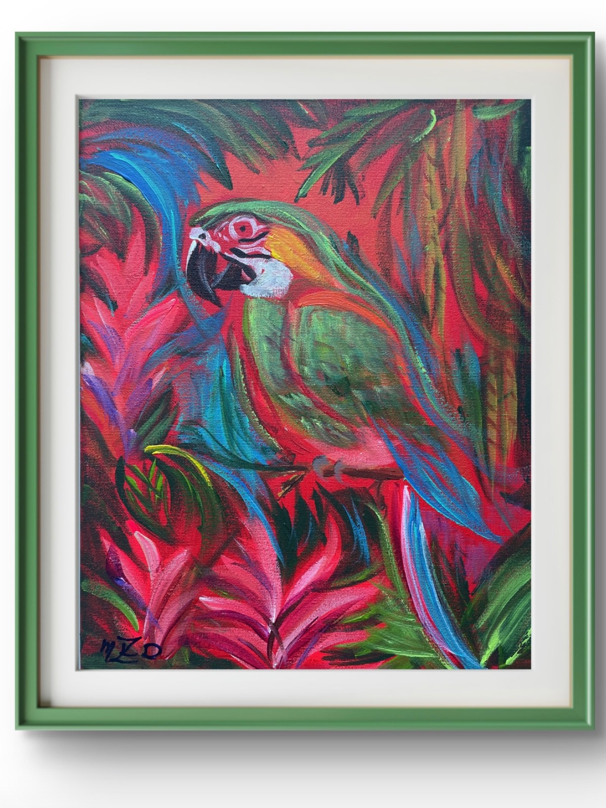 Original Vibrant 11×14 Colorful Parrot Bird with Flowers Signed Wall Art Decor