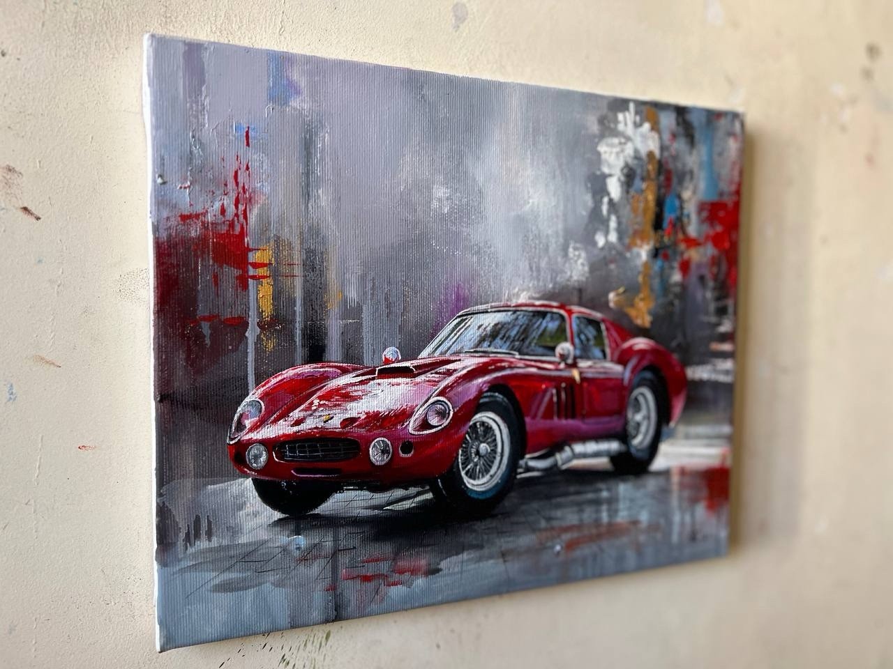 Original Oil Painting Red Ferrari Classic Sports Car Automotive Wall Art Canvas