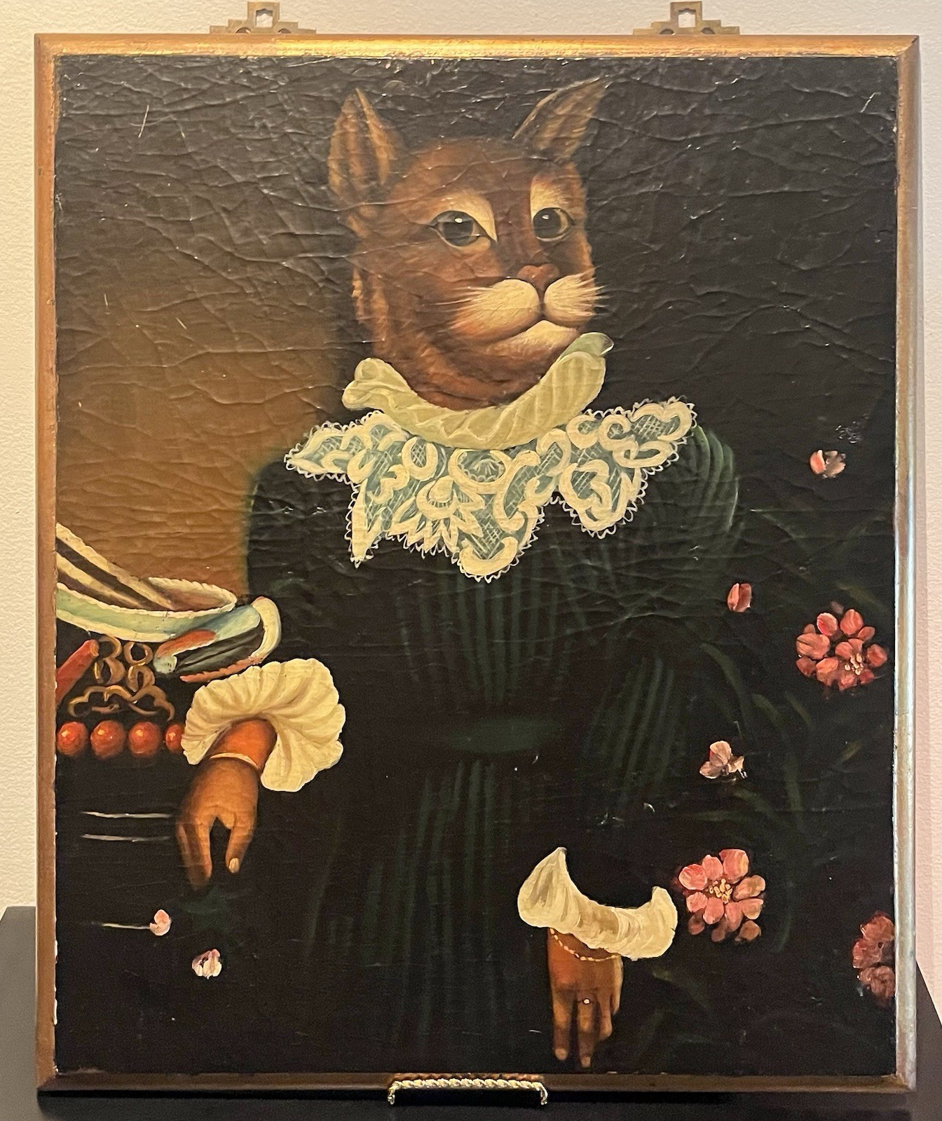 VTG PantinAnthropomorphic Whimsical Victorian-Attire Cat Portrait Color Painting