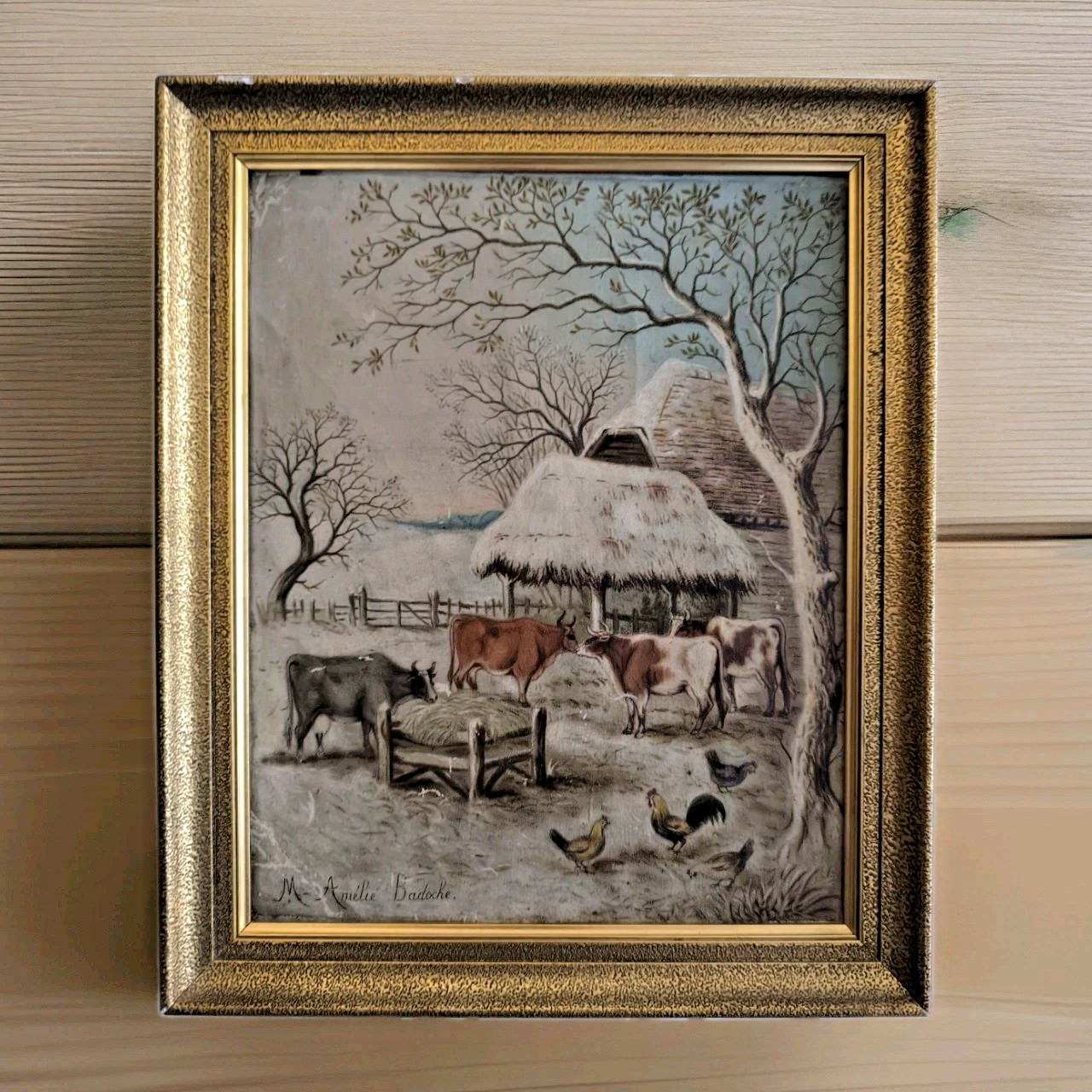 Painting Rustic Winter Soft Farm Cows Hens Vintage Charming Amelie Badoche