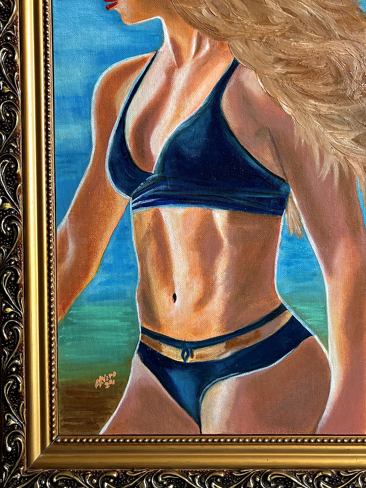 Original Oil Painting Canvas on Cardboard Girl Sports Ocean Body Gift Wall 9×13′