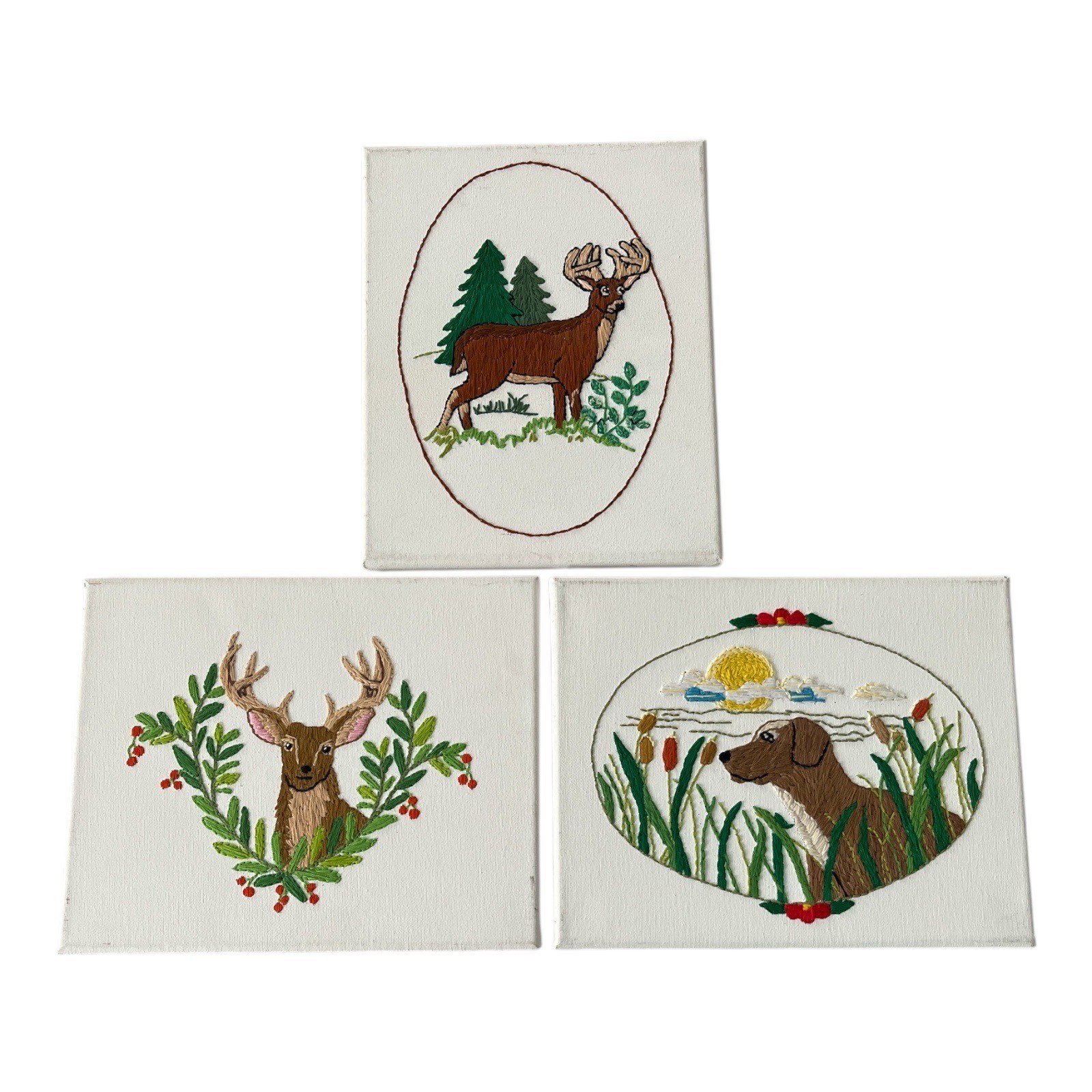 Hand Embroidered Woodland Animal Canvas Art Set Deer Dog Nature Folk Art 8×10