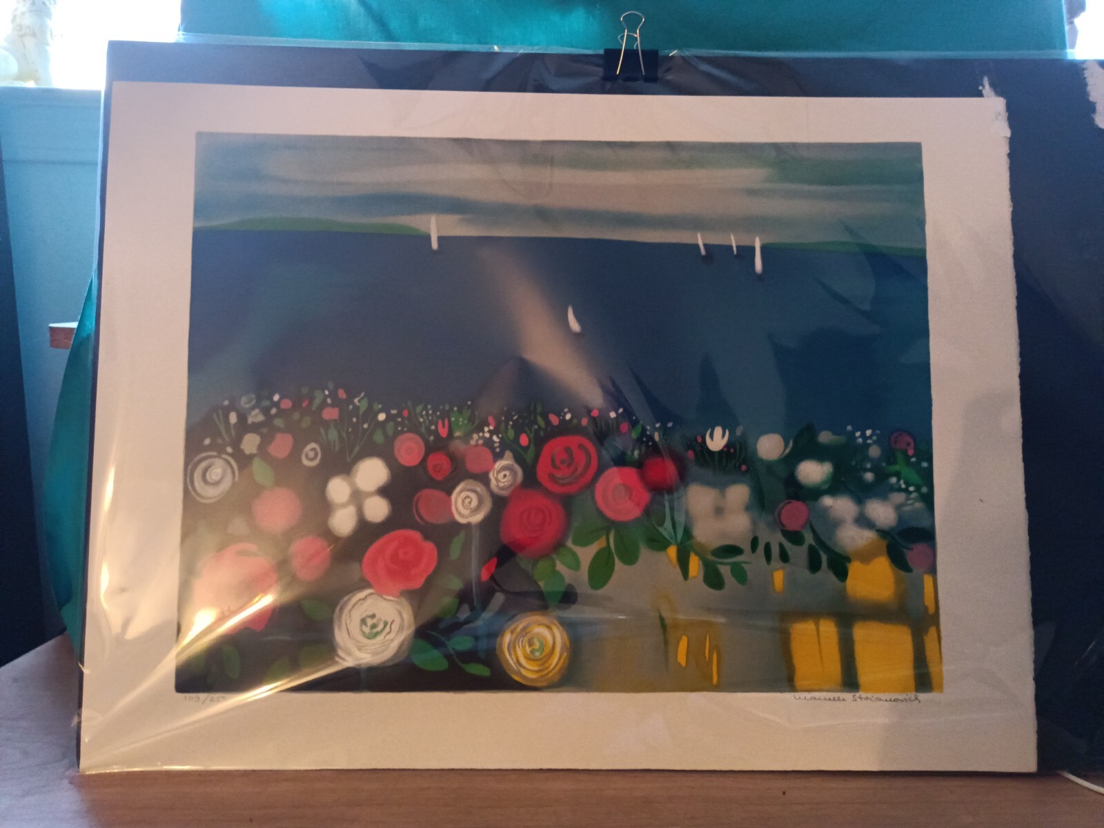 MARCELLE STOIANOVICH PENCIL SIGNED LITHOGRAPH OF FLOWERS WITH SAILBOATS 109/250