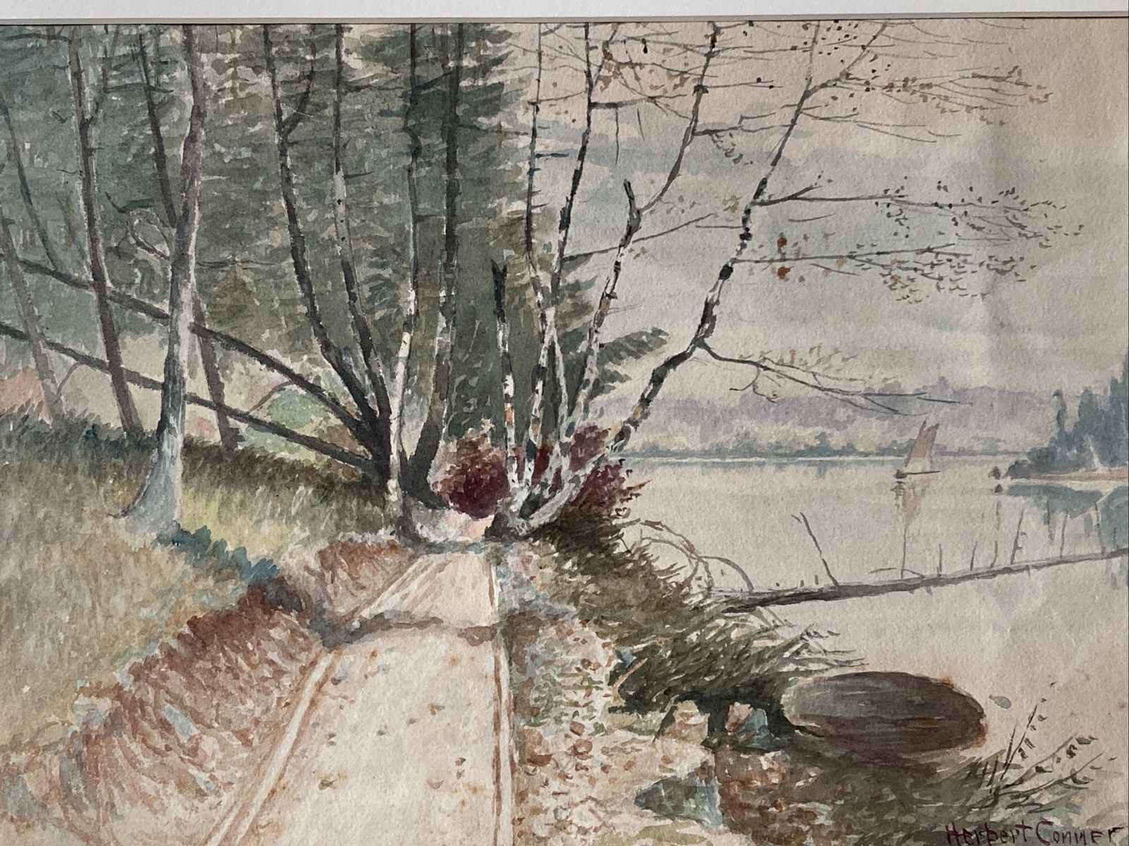 Antique 1903 Watercolor Painting Trail Along Lake & Sailboat By Herbert L Conner