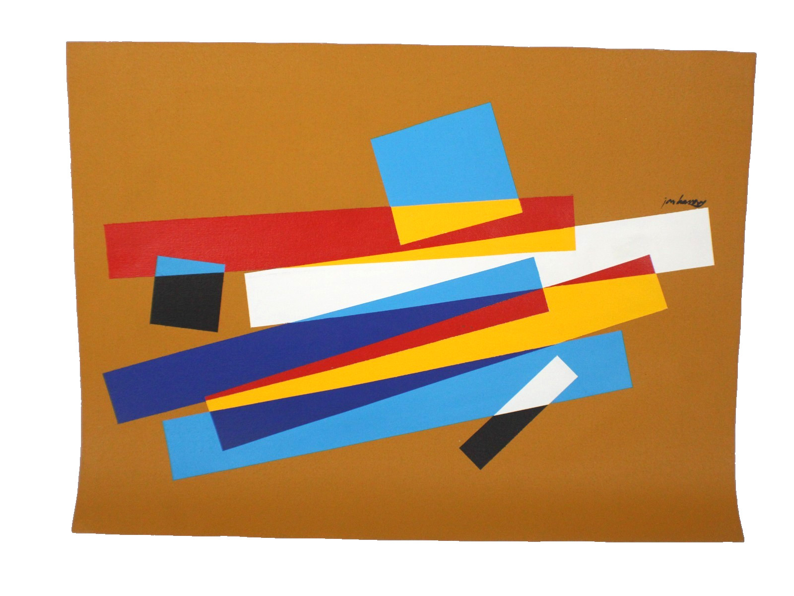 Mid Century Geometric Abstract Style Oil Painting On Canvas Signed Jon Henry