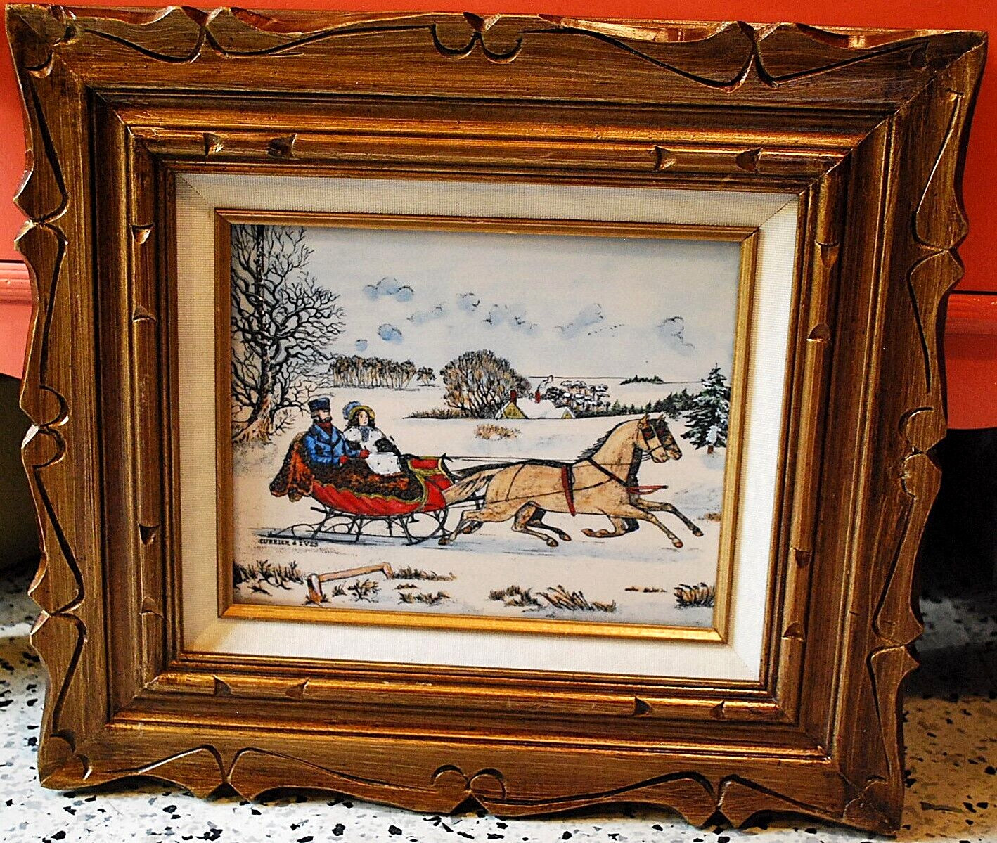 Hand Colored RARE Currier & Ives ARTINI ENGRAVING ‘THE ROAD WINTER’ Framed 17.5″