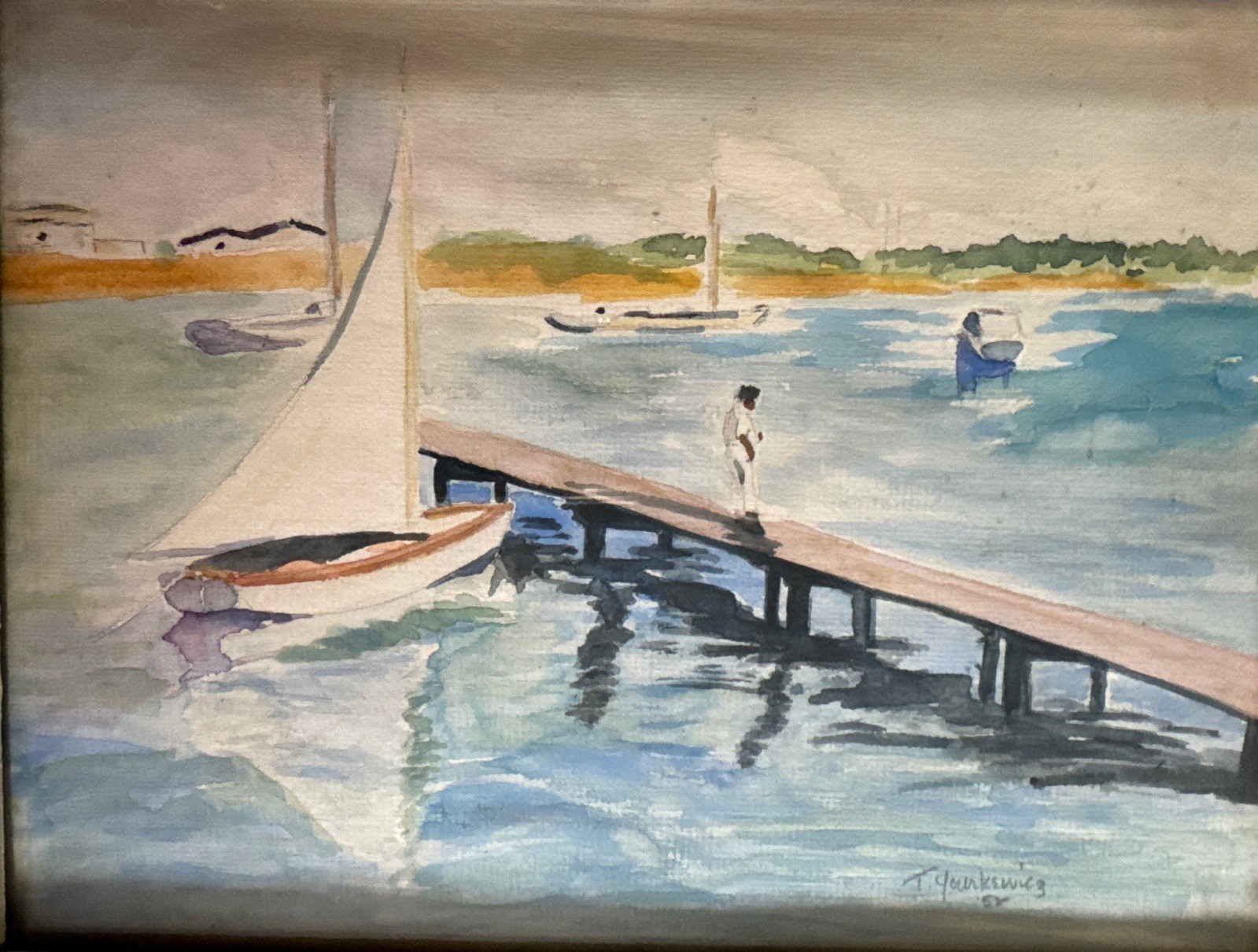 Vint. Watercolor Painting of a Harbor Sailboat scene Pier Costal Framed Signed