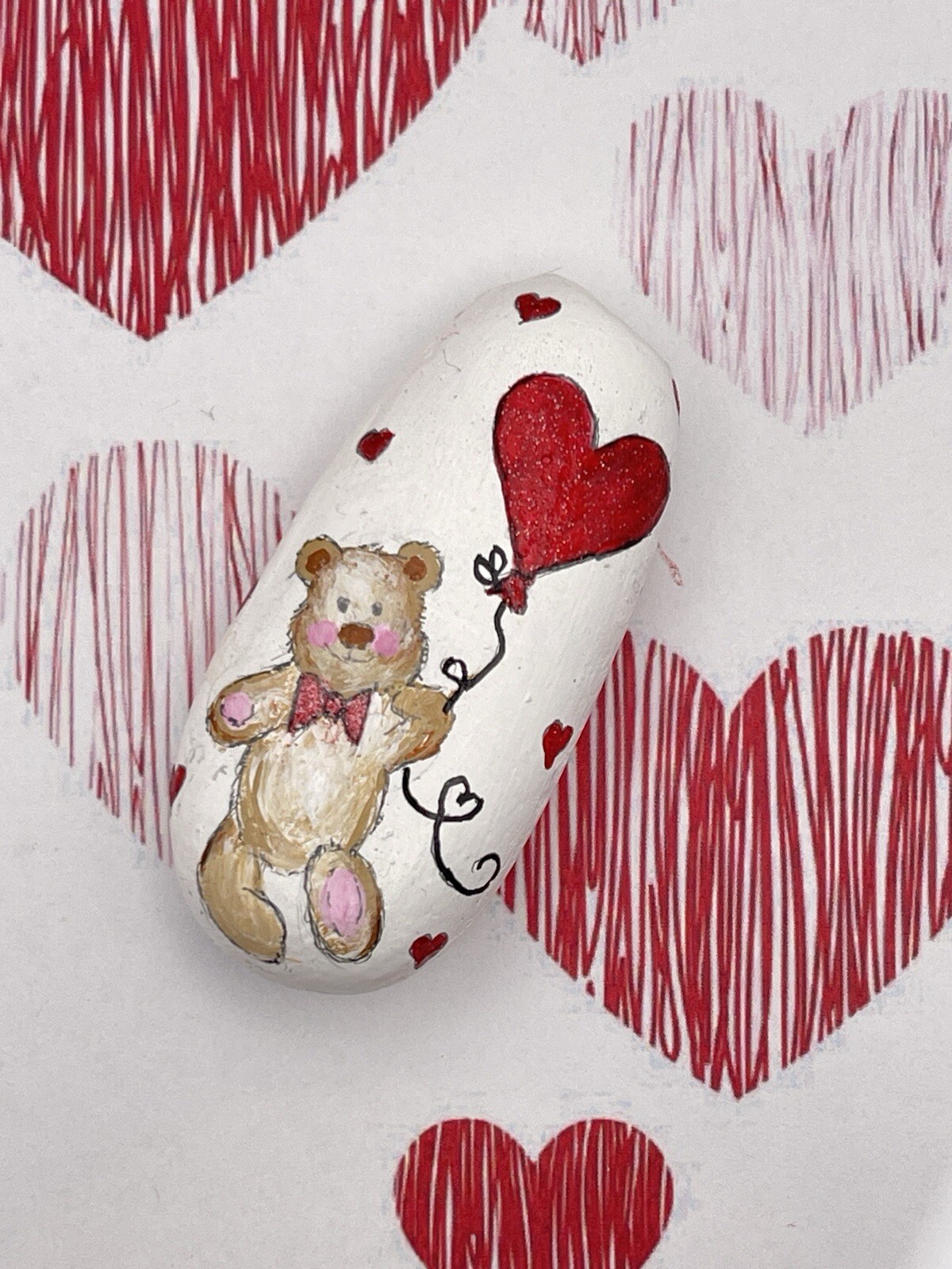 Whimsical Teddy Bear Holding Heart Balloon, Valentine Gift, Painted Rock