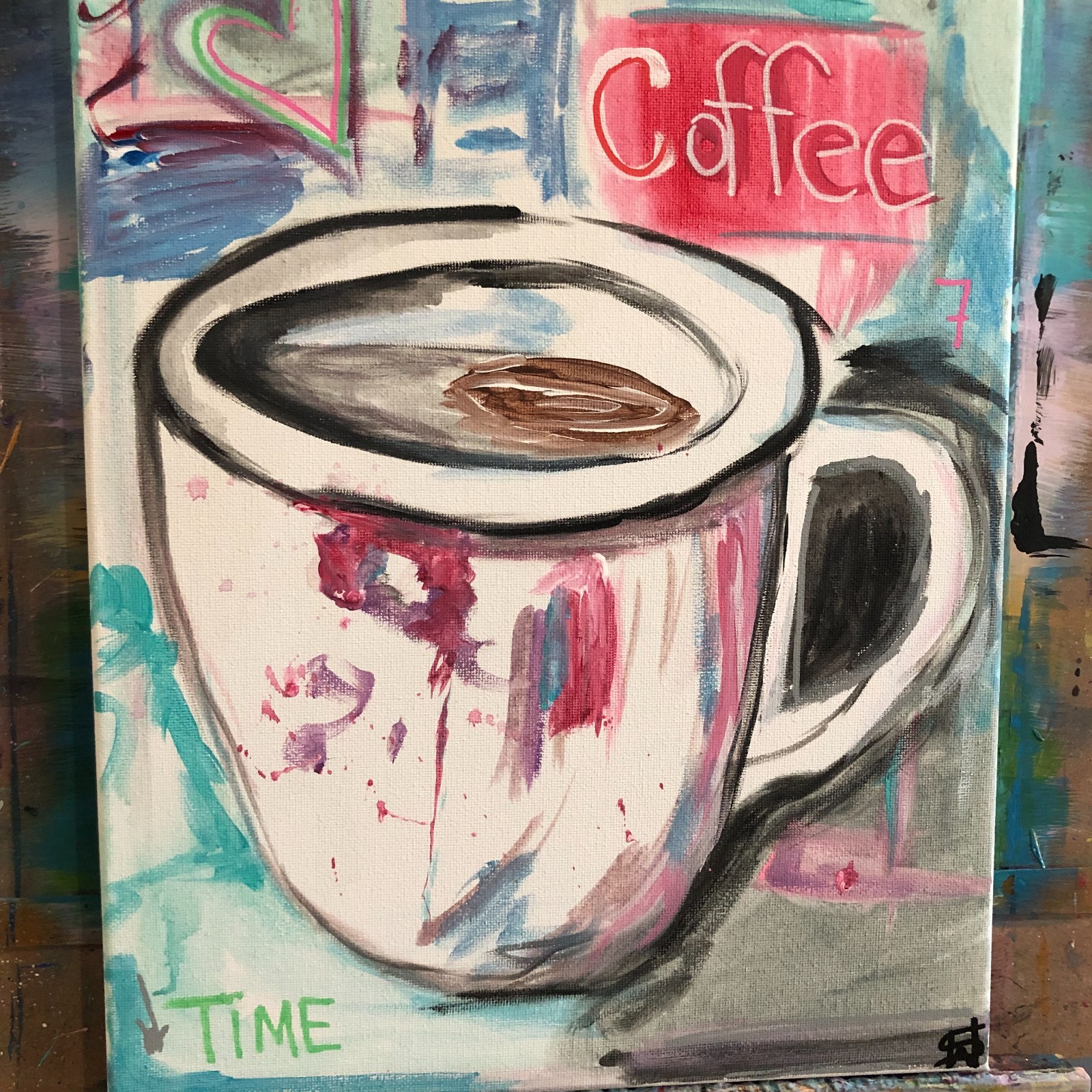 WS original coffee time neo expressionism painting 14X11 canvas colorful acrylic