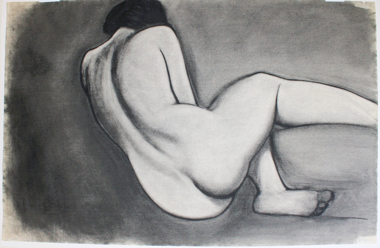 LARGE 40″ ORIGINAL CHARCOAL PAINTING ON PAPER SIGNED WOMAN LYING STUDY FIGURE