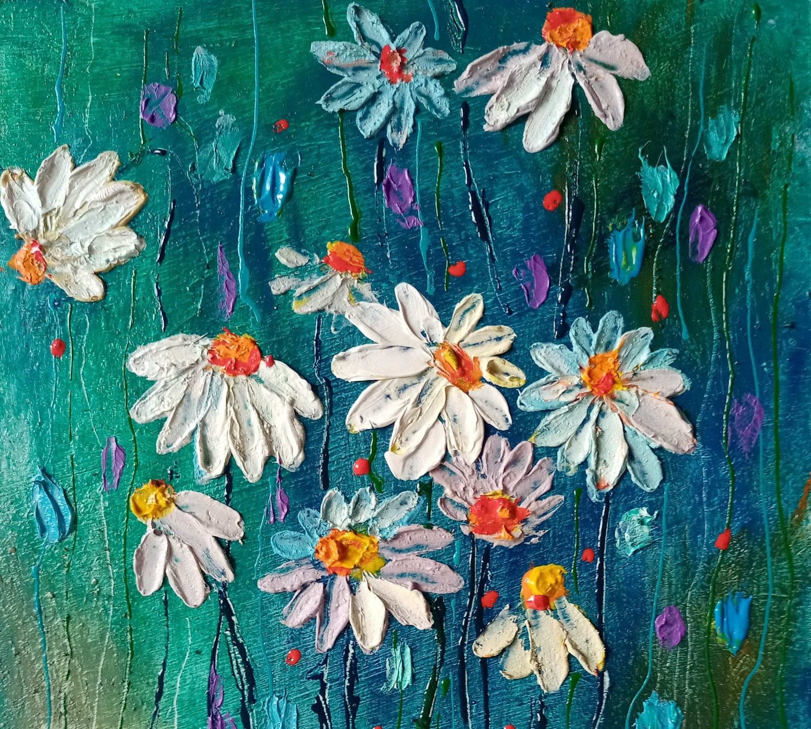 Daisies Impasto Painting Original Art Impression Oil Painting 7.8 x 6 in