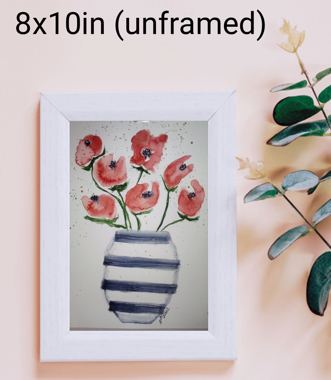 8×10 watercolor original painting botanical flower tulip floral poppy rose vase