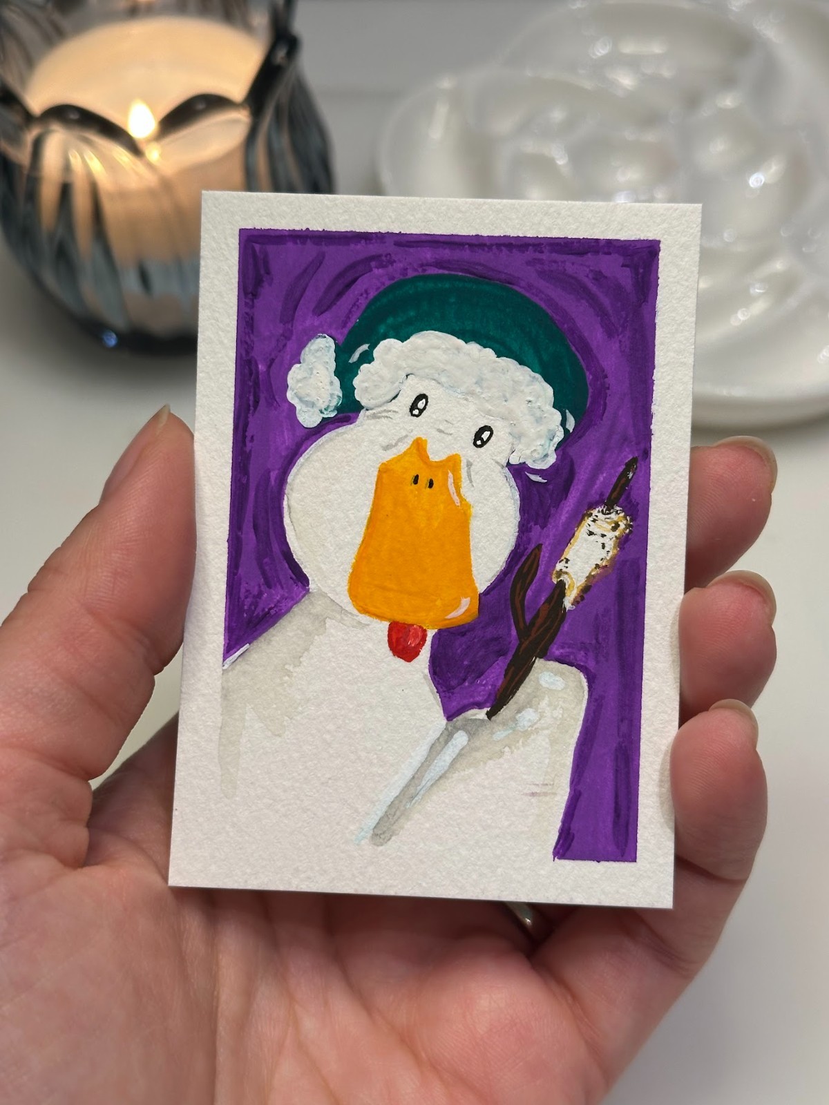 ACEO Original Mini Painting/Silly Goose Roasting a Marshmallow