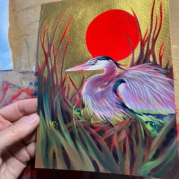 Original blue Heron Painting Gold accents Mixed Media 2026 artettina Signed USA