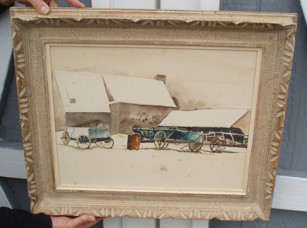 ANTIQUE HORSE DRAWN FARM WAGONS PAINTING WESTERN COWBOY COUNTRY FRAMED