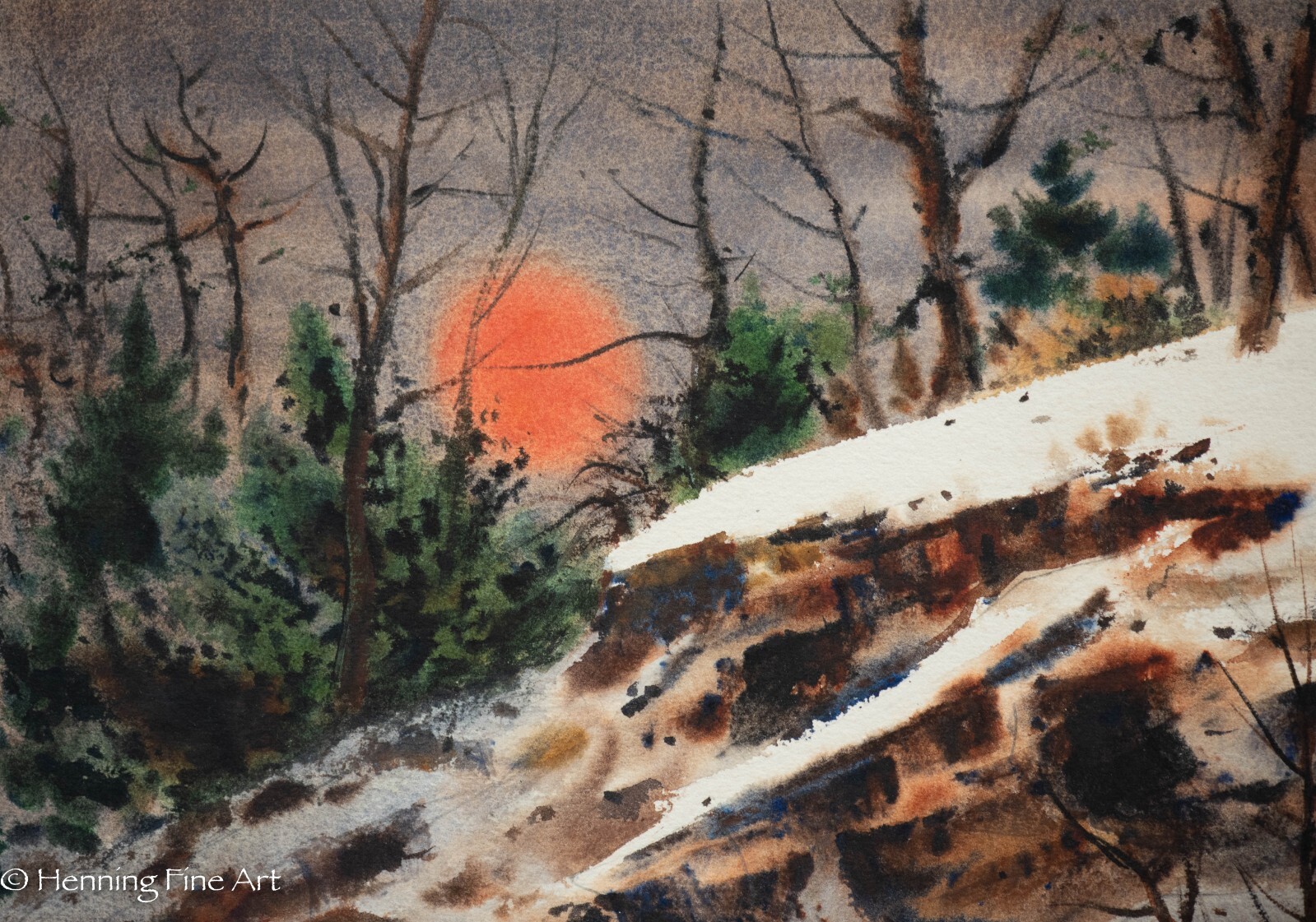 Beautiful Vintage Winter Snowscape at Sunset with Doves by Arthur Barbour, FINE!