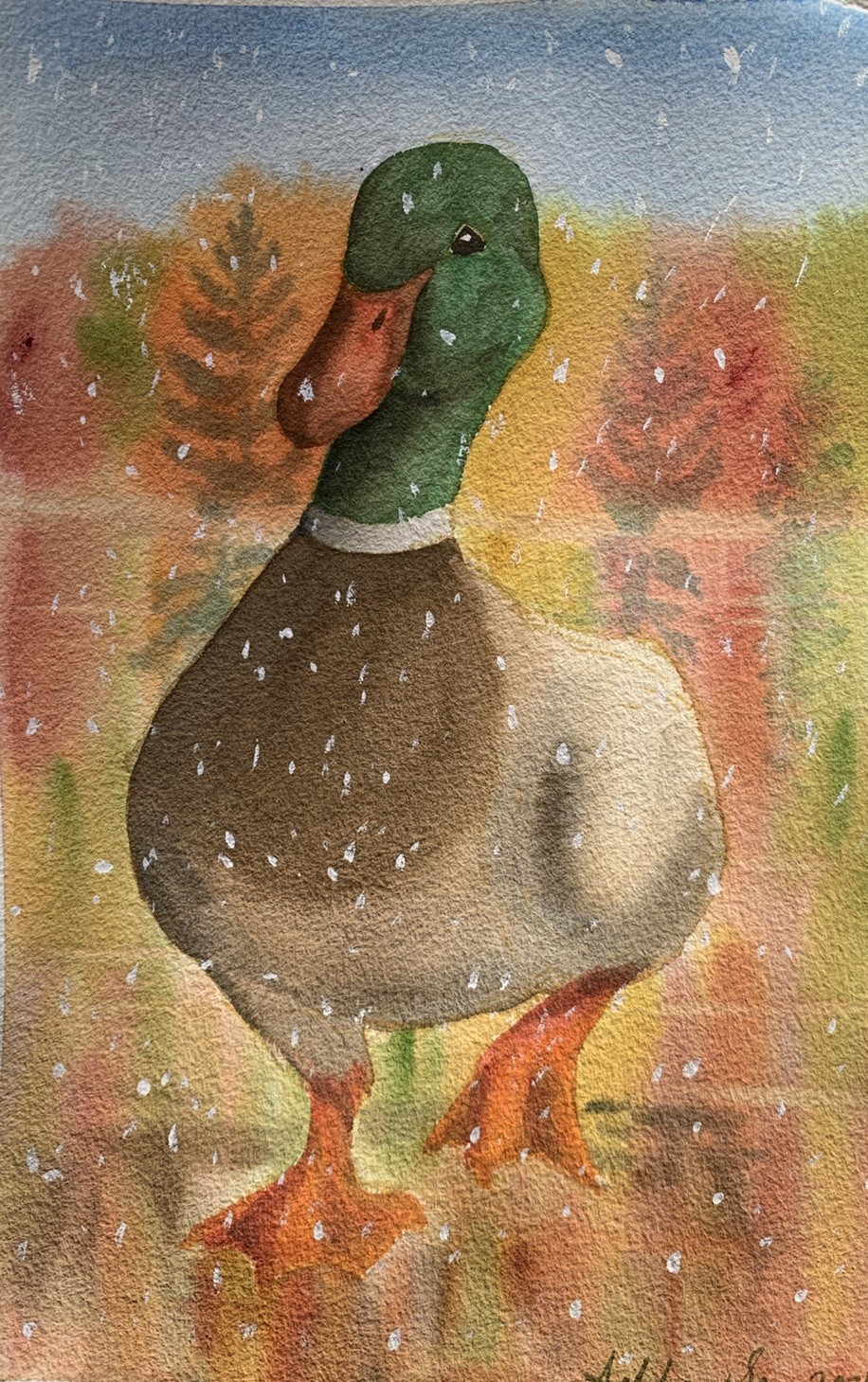 Original watercolor painting Mallard Duck Frozen Lake winter fall decor wall art