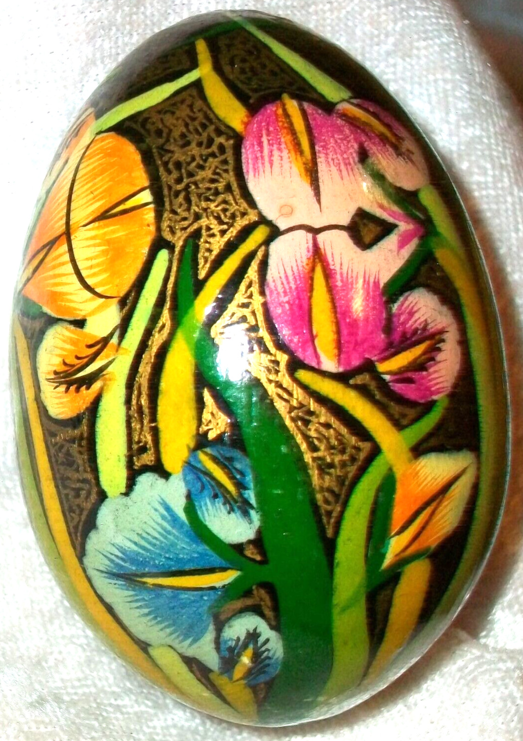 Vintage Abstract Bearded Iris Flower Garden Painting Oval Wooden Egg Figurine