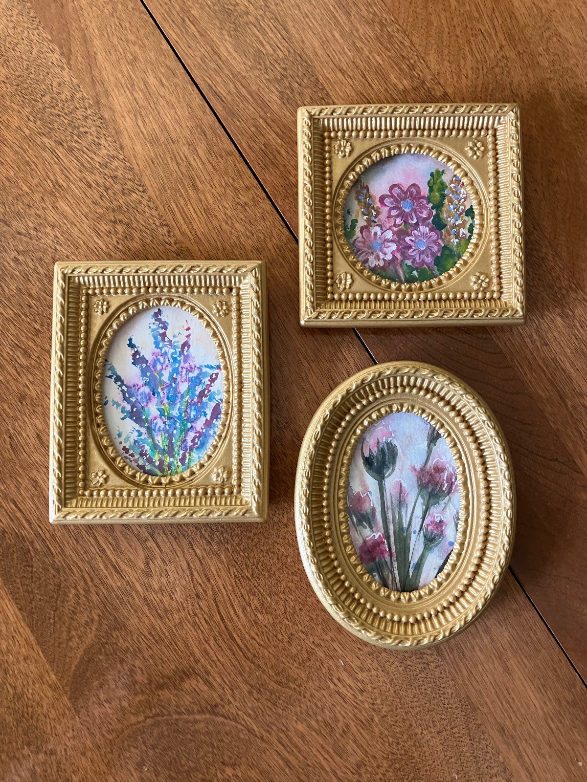 Set/Trio of Miniature Floral Watercolor Paintings in VTG Gold Composite Frames