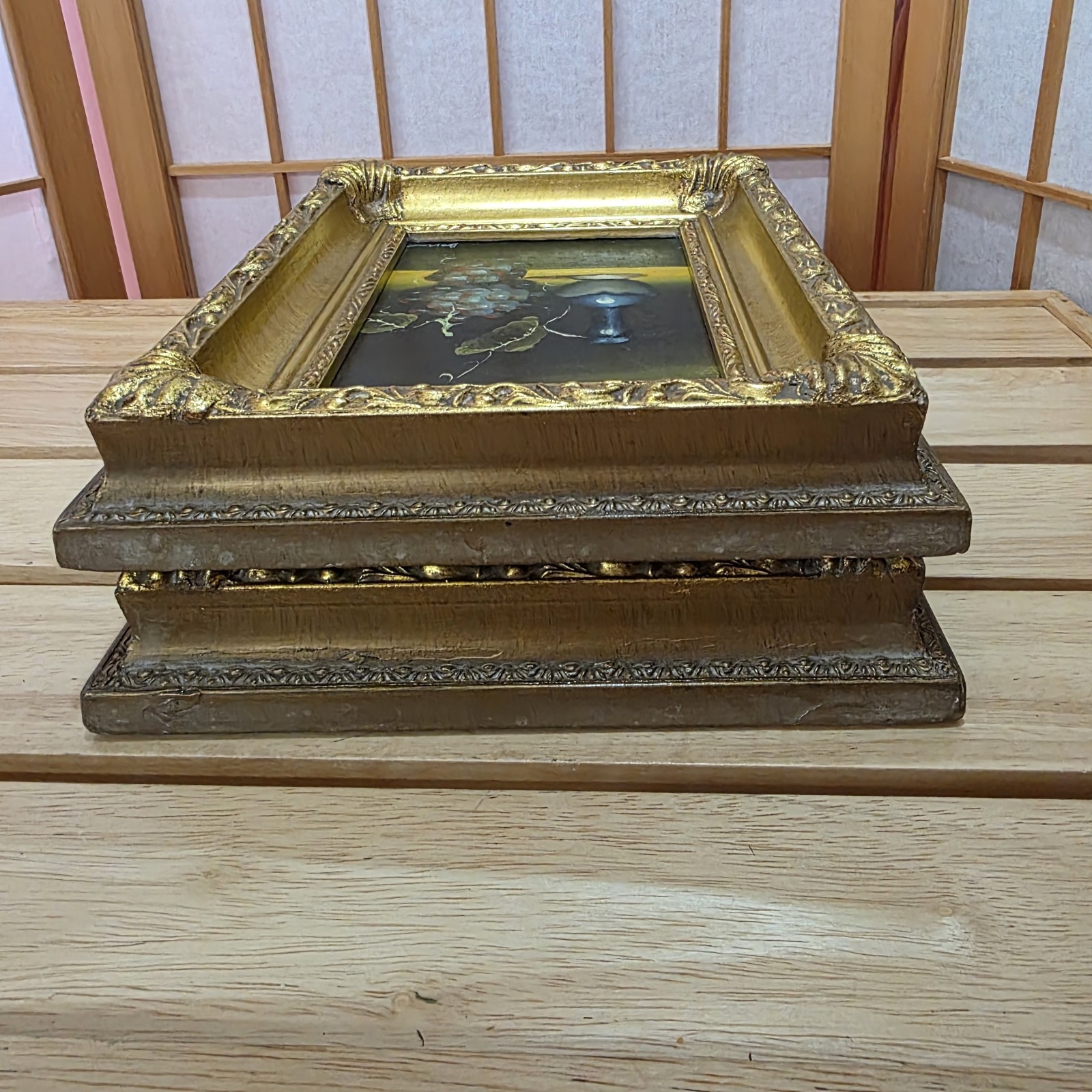 Pair Vtg Small Miniature Signed Art Oil Paintings on Board Framed Gold Ornate