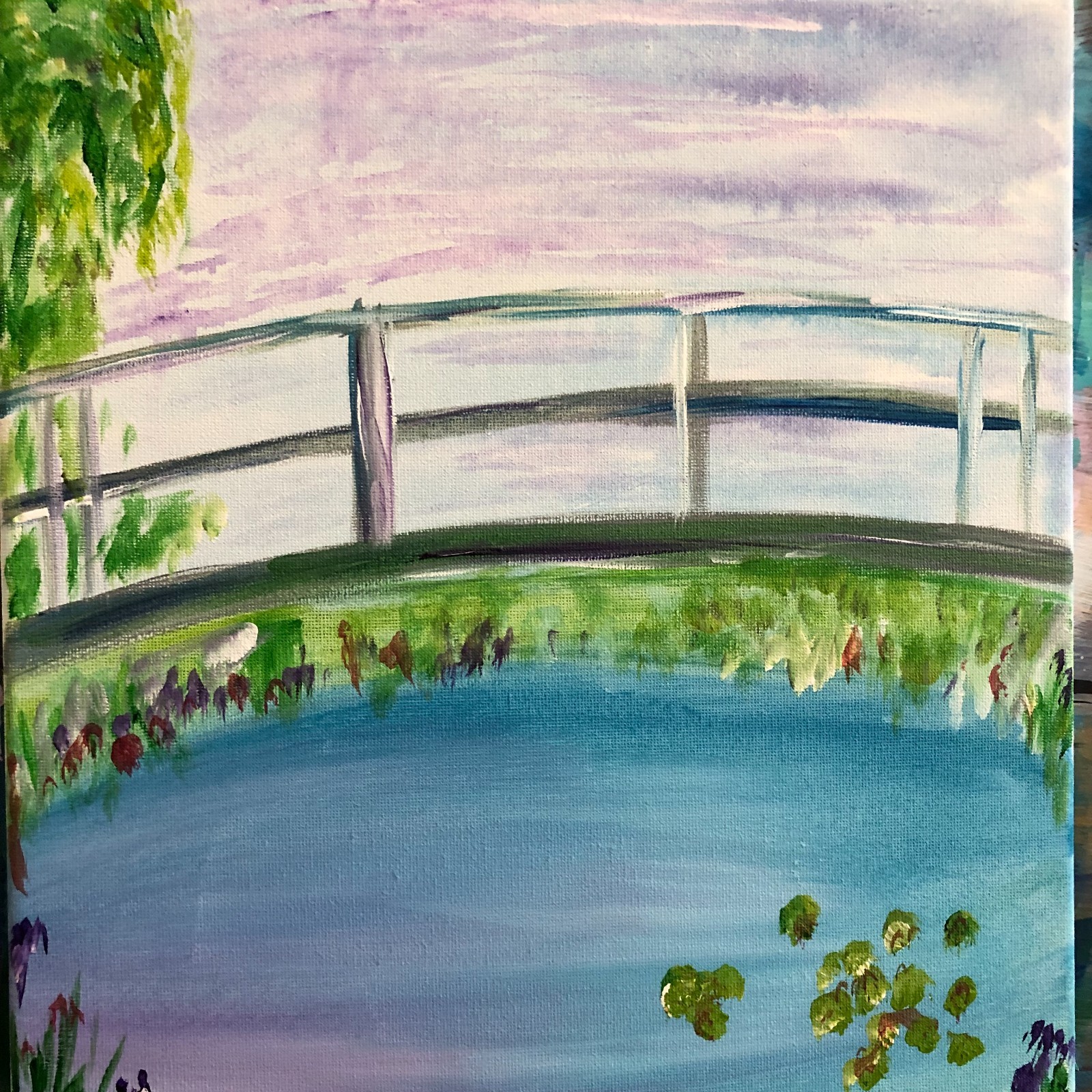 WS original impressionism bridge painting 14X11 canvas acrylic artist signed
