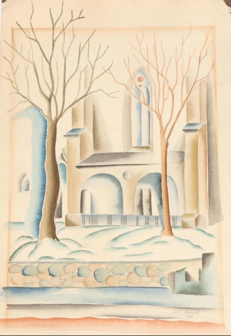 original antique watercolor snow nyc gothic cathedral tree glassgold signed 1926