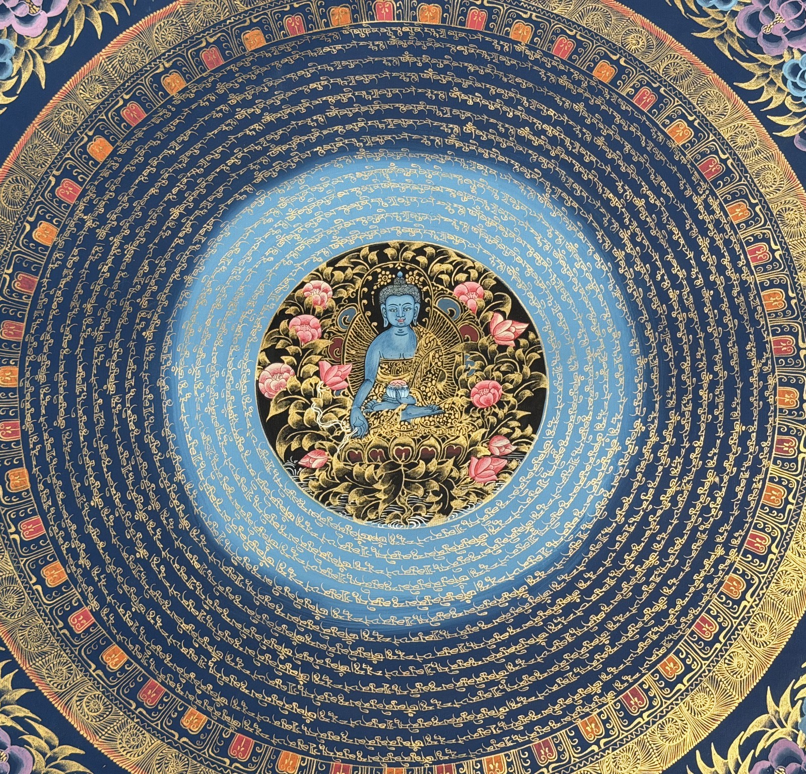 MEDICINE BUDDHA MANDALA ORIGINAL BLACK AND GOLD TIBETAN THANGKA PAINTING