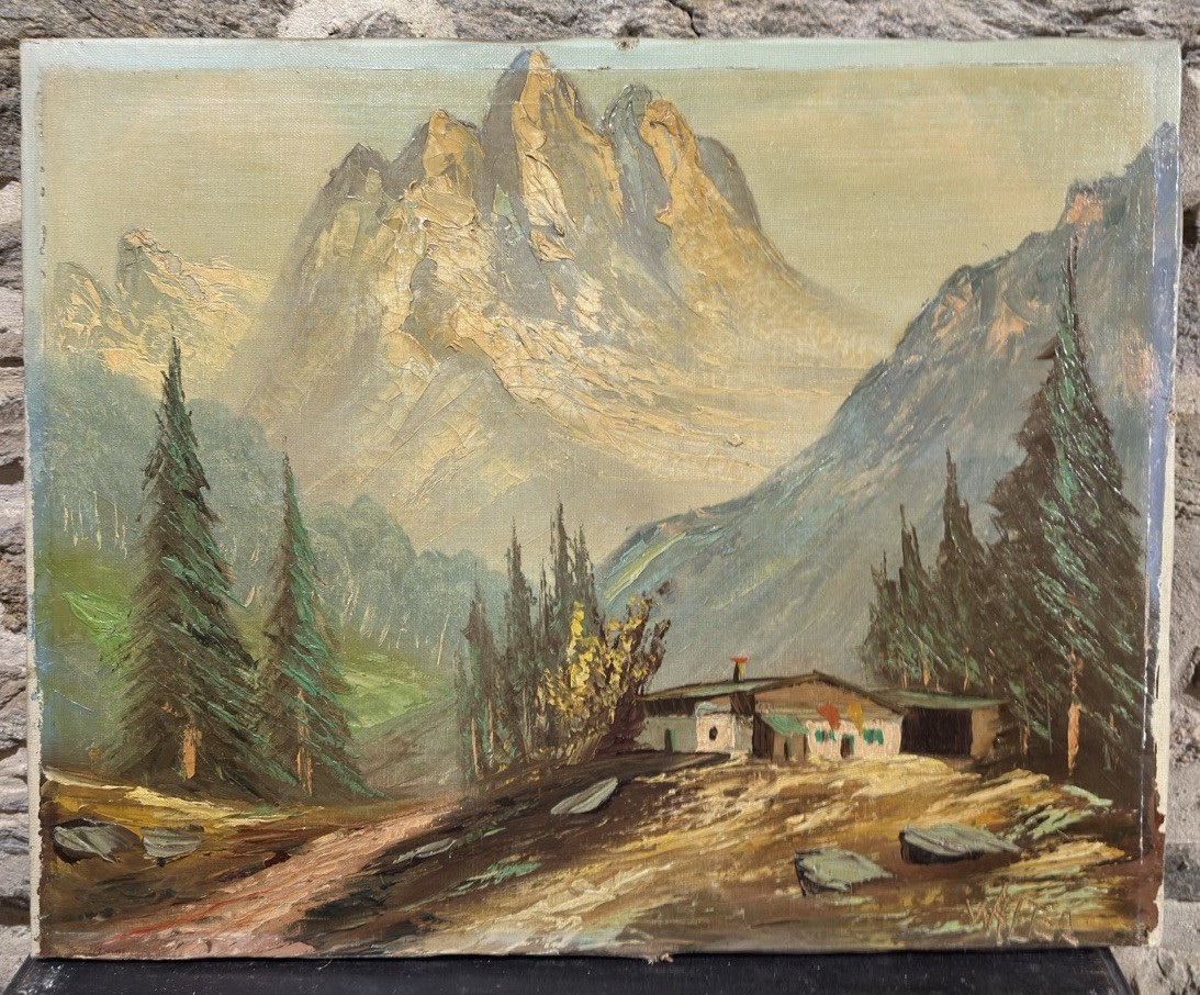 Oil On Canvas Signed Mountain Landscape Austrian Or German School 20th Century