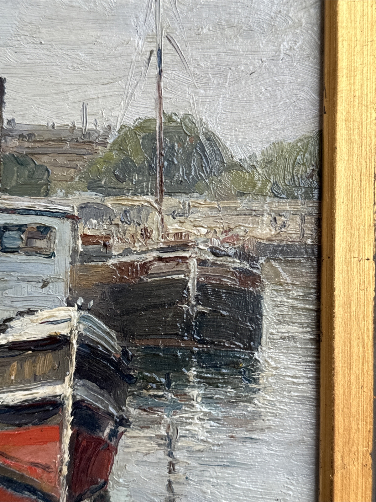 ANTIQUE PAINTING NAUTICAL FRENCH LISTED COASTAL MARINA PORT HENRI TROUSSARD OIL