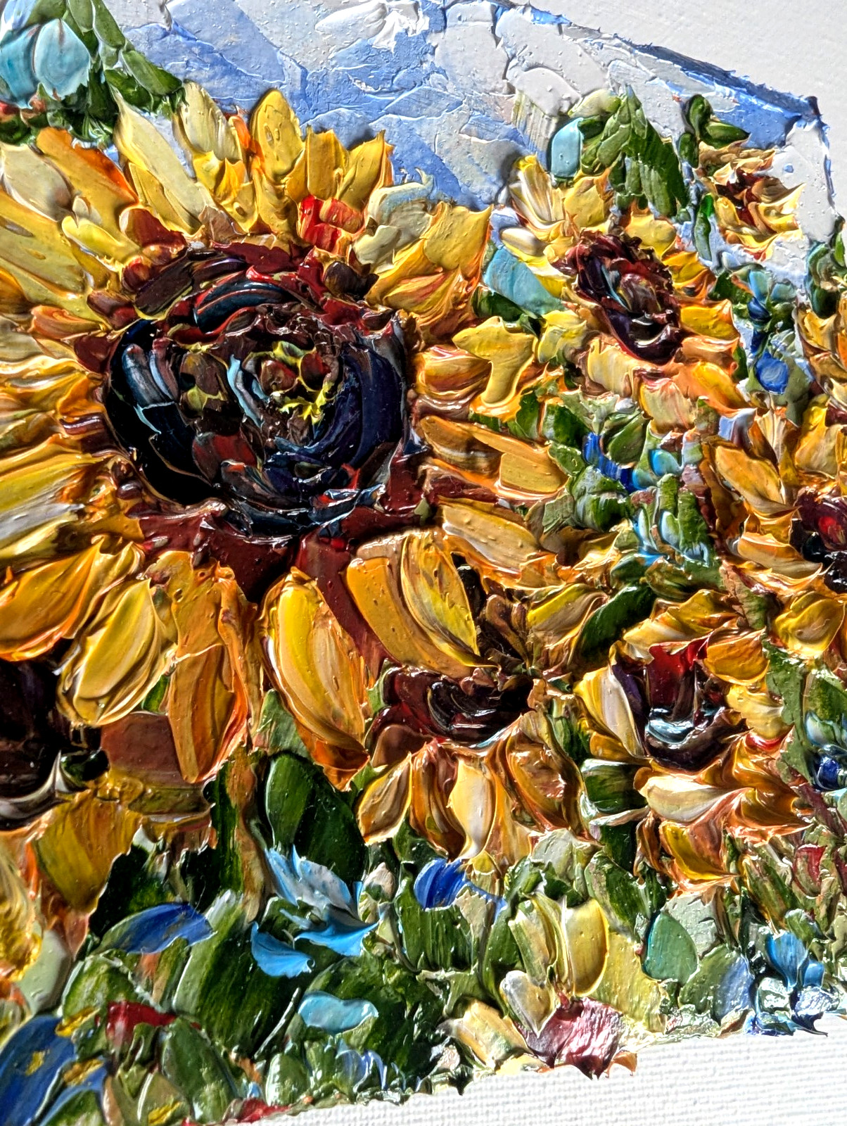 ORIGINAL OIL impasto Painting «Sunflowers» 4″X4″ X 1.5″ by Olga Diduh.