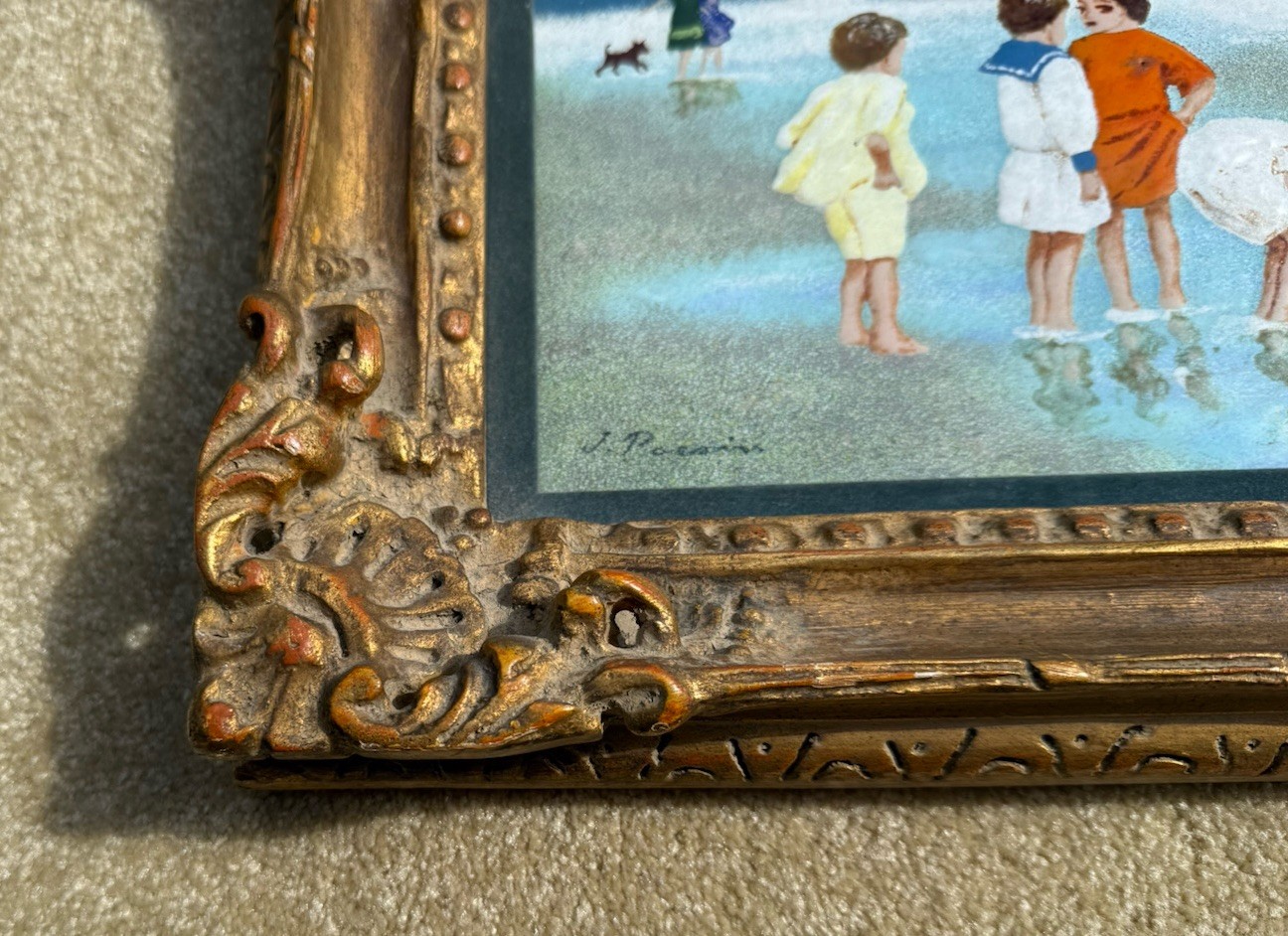 Girls On Summer Beach Signed French Impressionist On Copper Enamel Painting
