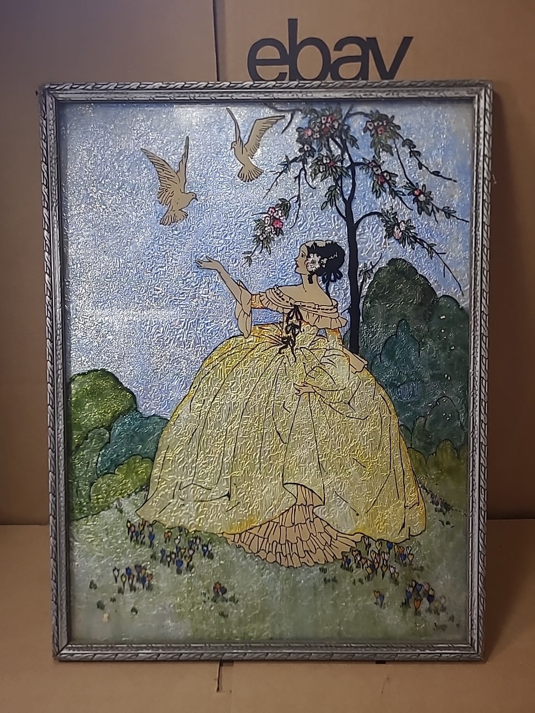 Art Nouveau antique antebellum Lady & Doves painting 19th centure