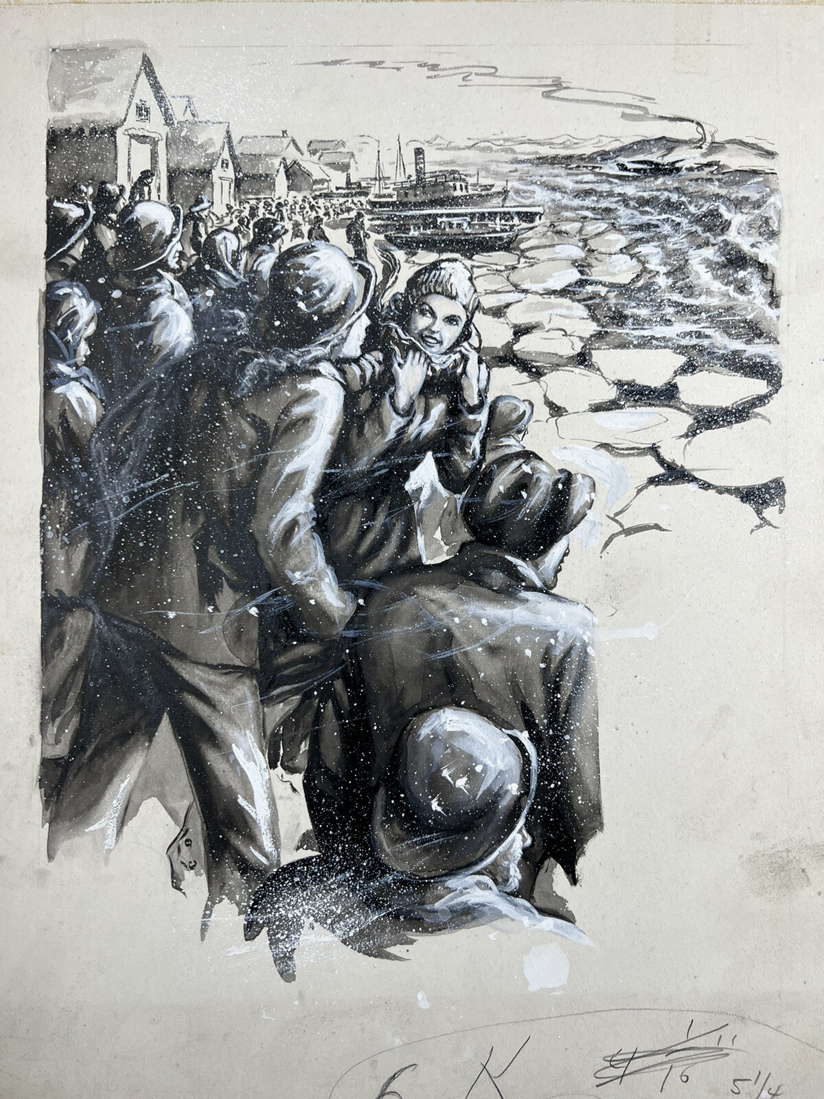 Vintage Illustration Art Original Painting People Waiting Next To Icy River