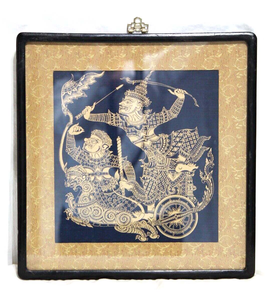 Perfect Thai silk painting in gold of Krishna guiding Arjuna’s chariot