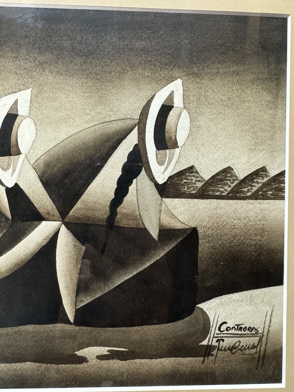 ORIGINAL «PERUVIAN» CUBIST PAINTING SIGNED CONTRERAS WATER COLLECTORS REST