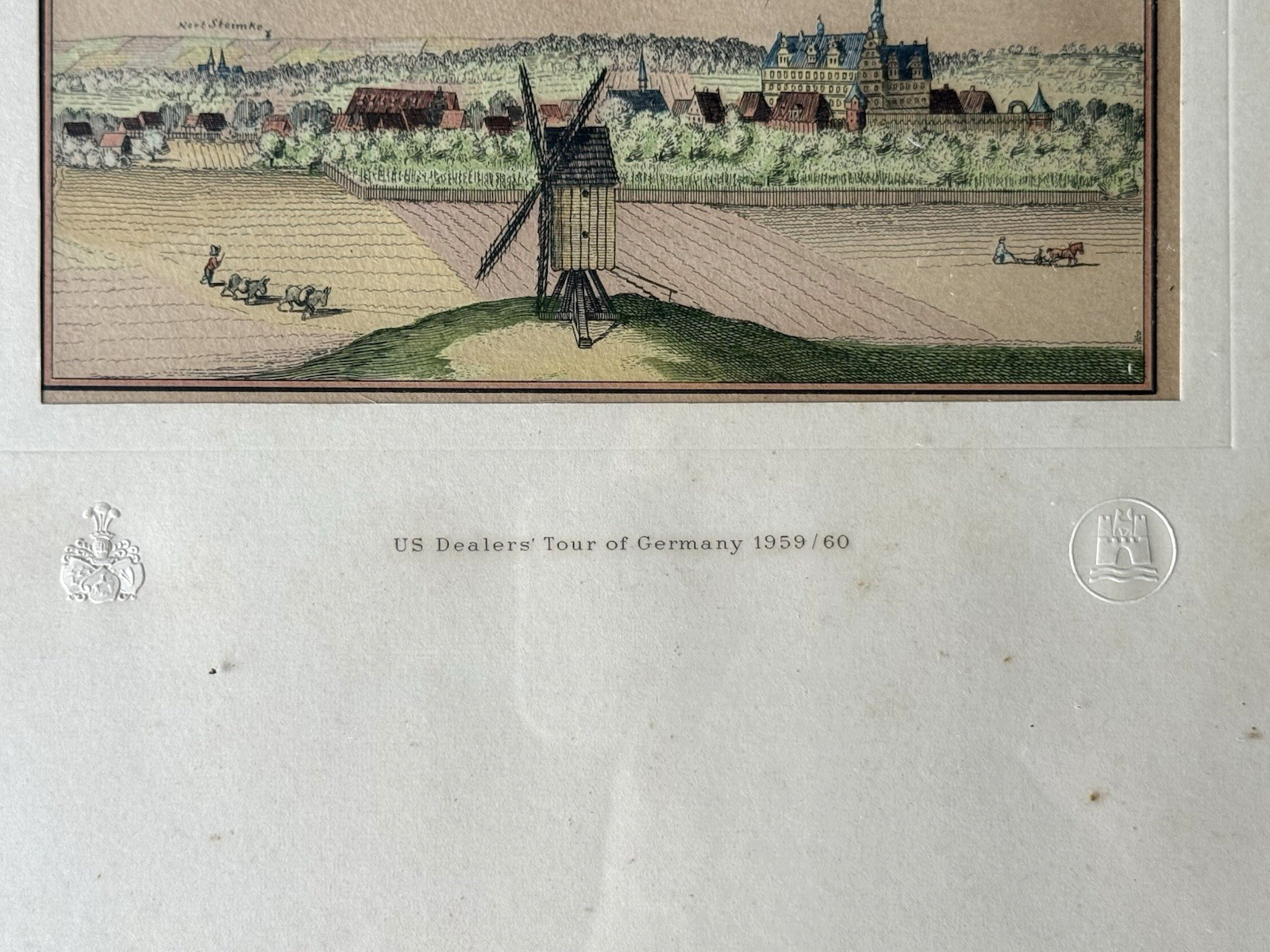 Antique Hand Colored Engraving Wolfsburg Germany Windmill Cityscape 1700s Framed