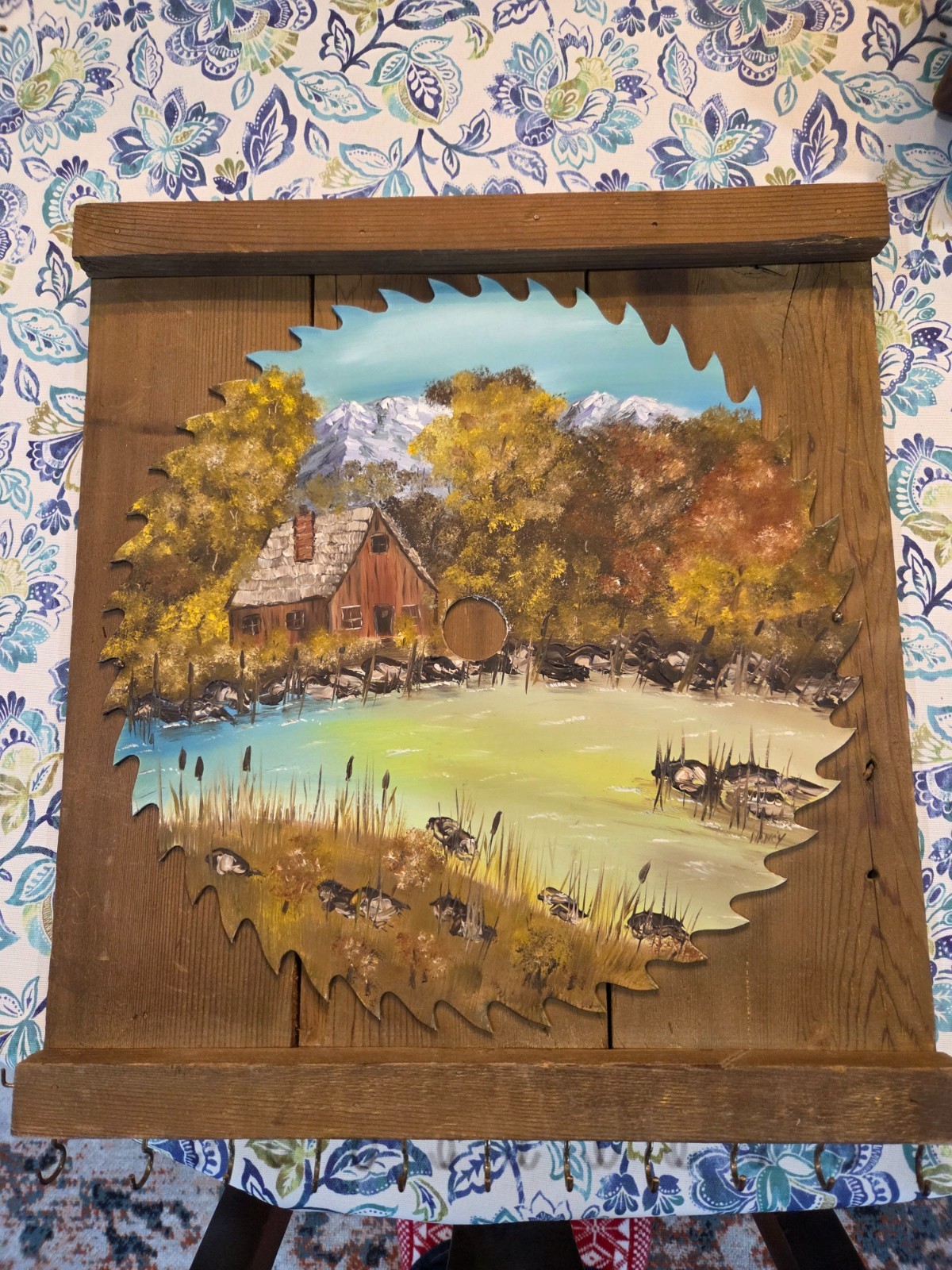 Hand Painted House Fall Scene 9 Inch Saw Blade Mounted.. Rustic Key Holder