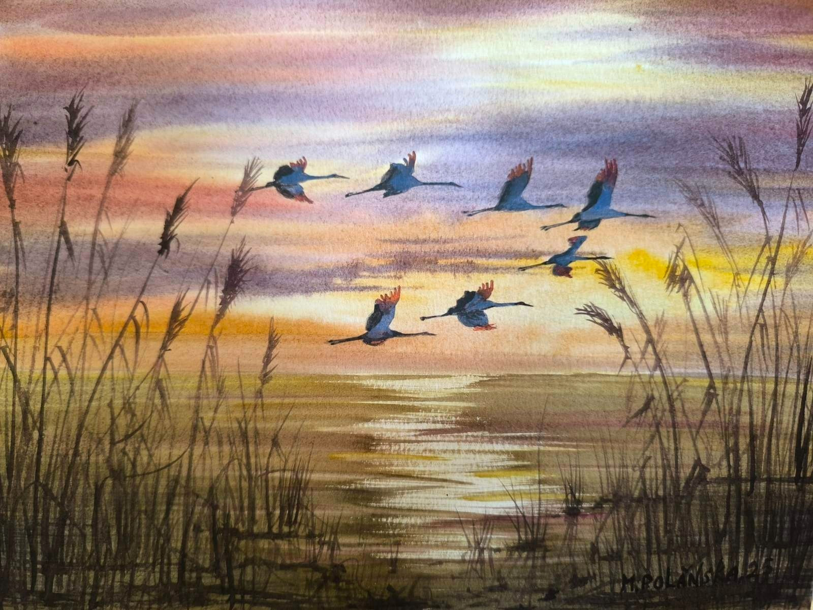 BIRDS BLUE HERONS CLOUDY SKY Original Arts Painting Landscape CRANES Seascape A4