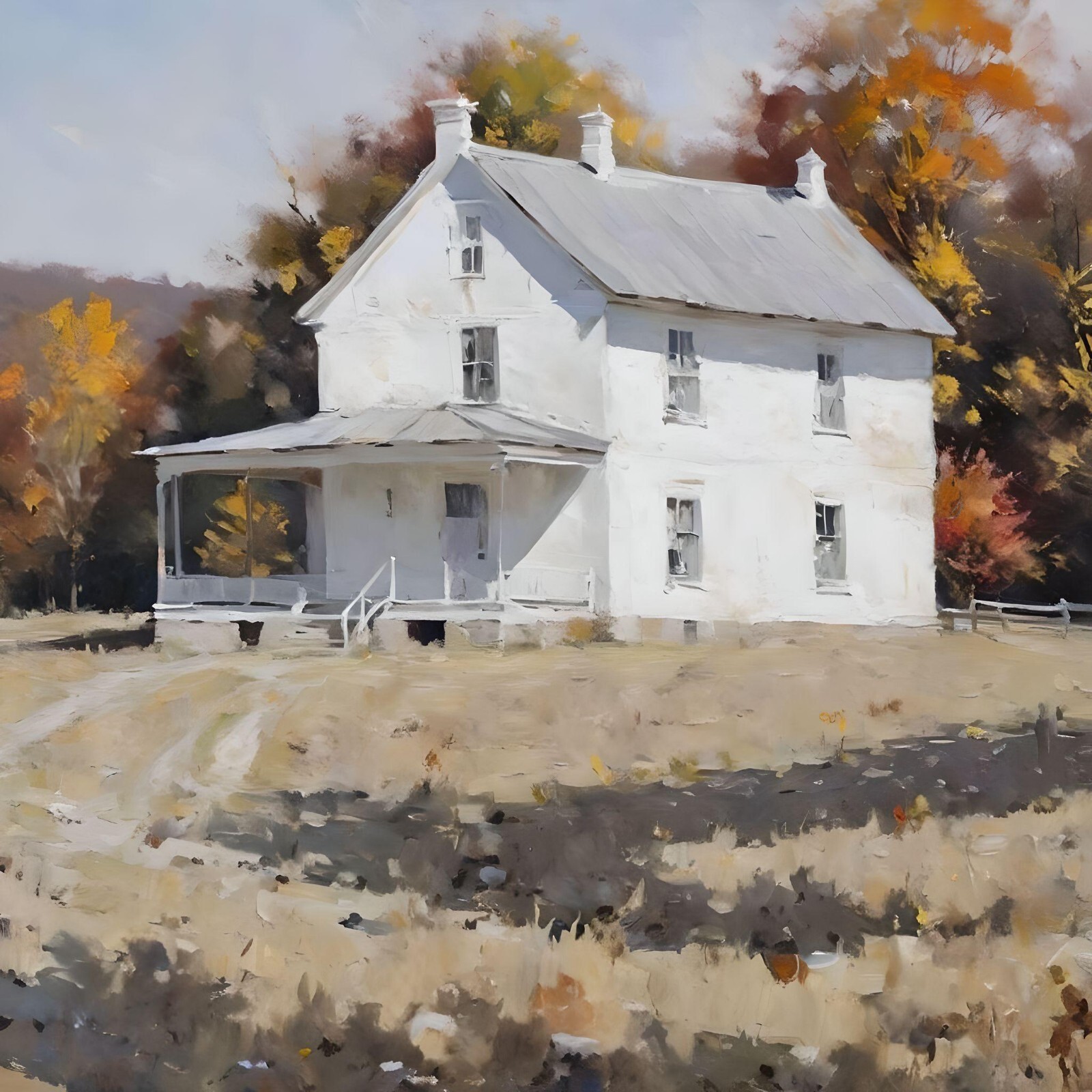 8×10 mixed media painting 2 Story White House with colorful Fall Foliage