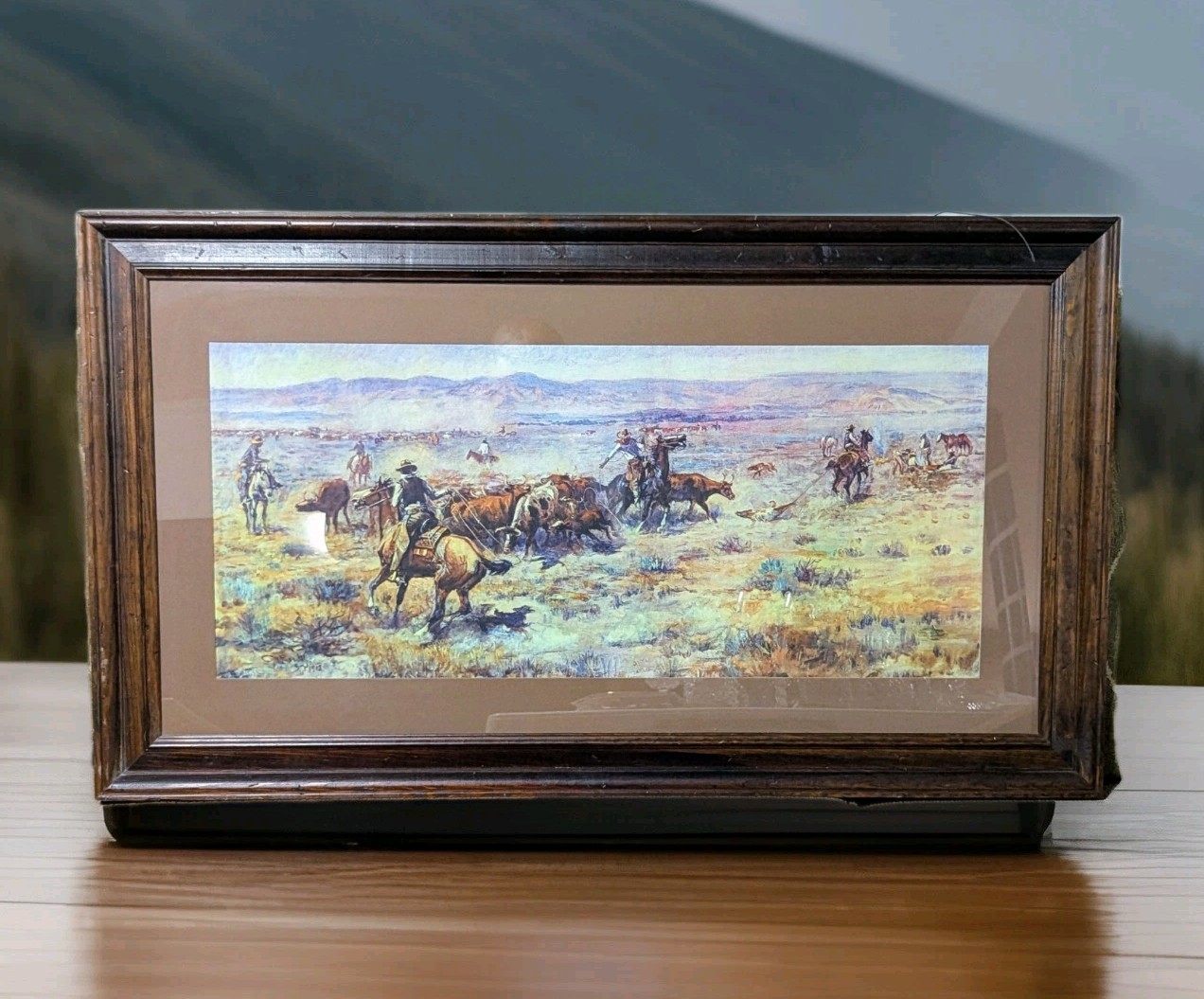 Charles Marion Russell Roundup Giclee Ptint 22.5″x39.5″ Framed & Matted Glass
