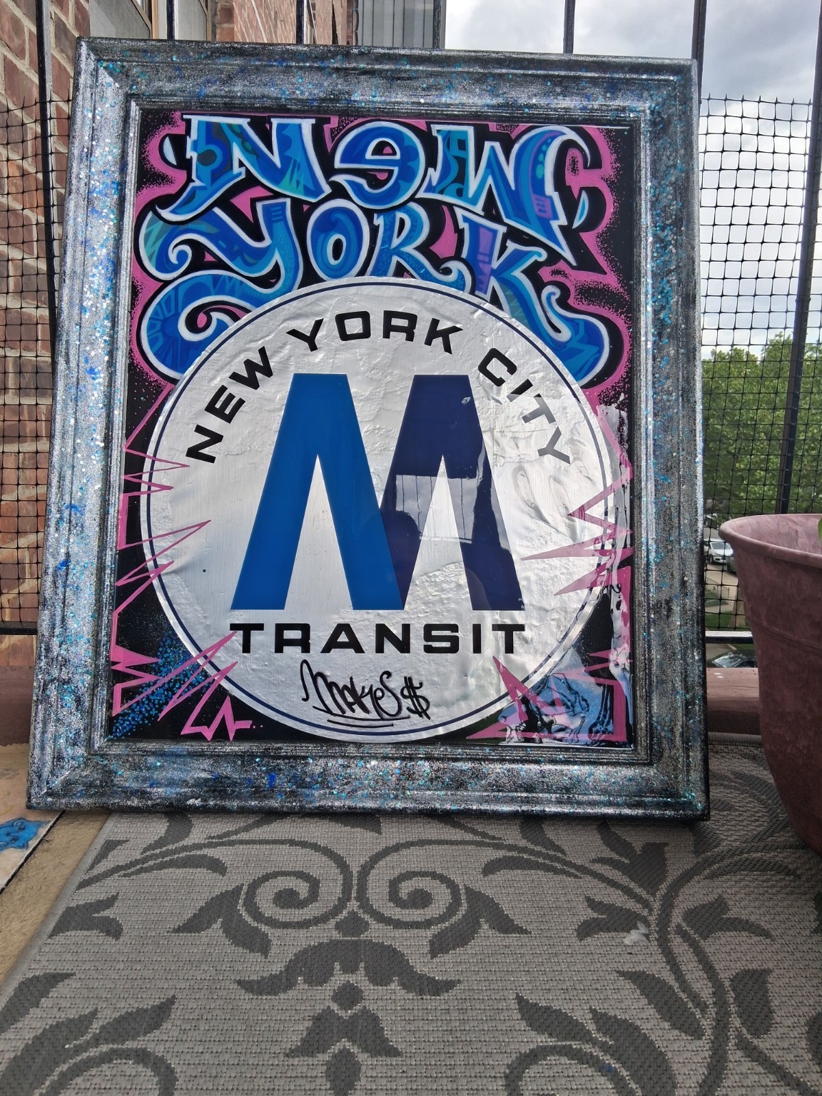 New York Graffiti Painting – original Foil MTA Sticker – 27’x 32′ epoxy sealed