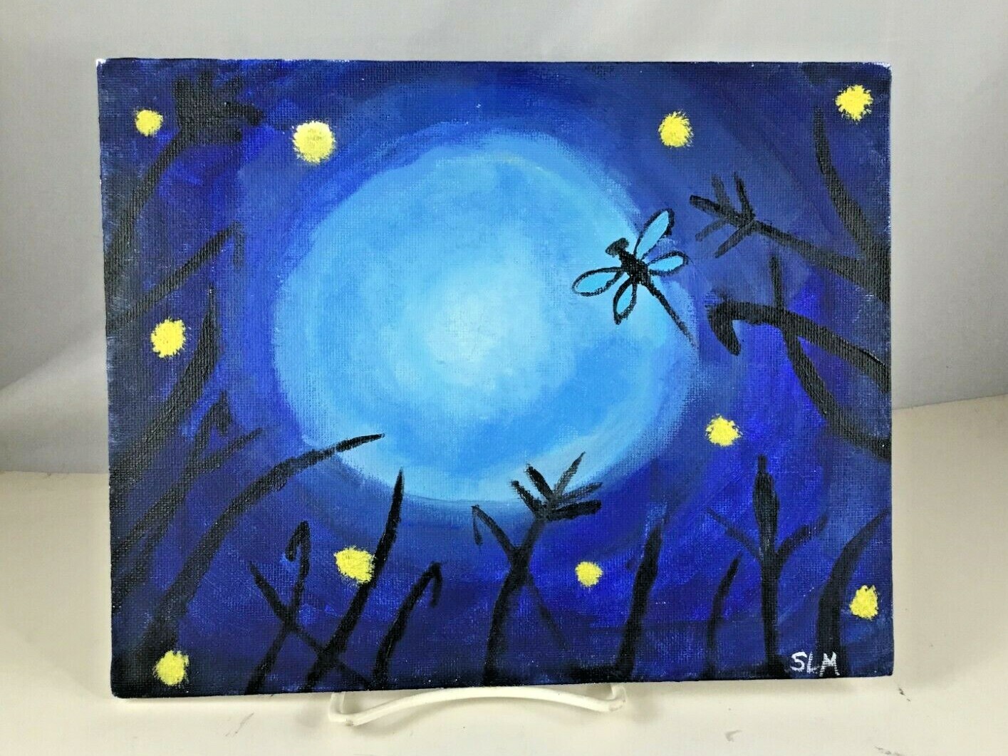 Painting – Blue Acrylic On Panel Canvas «Flying To The Moon» by SLM