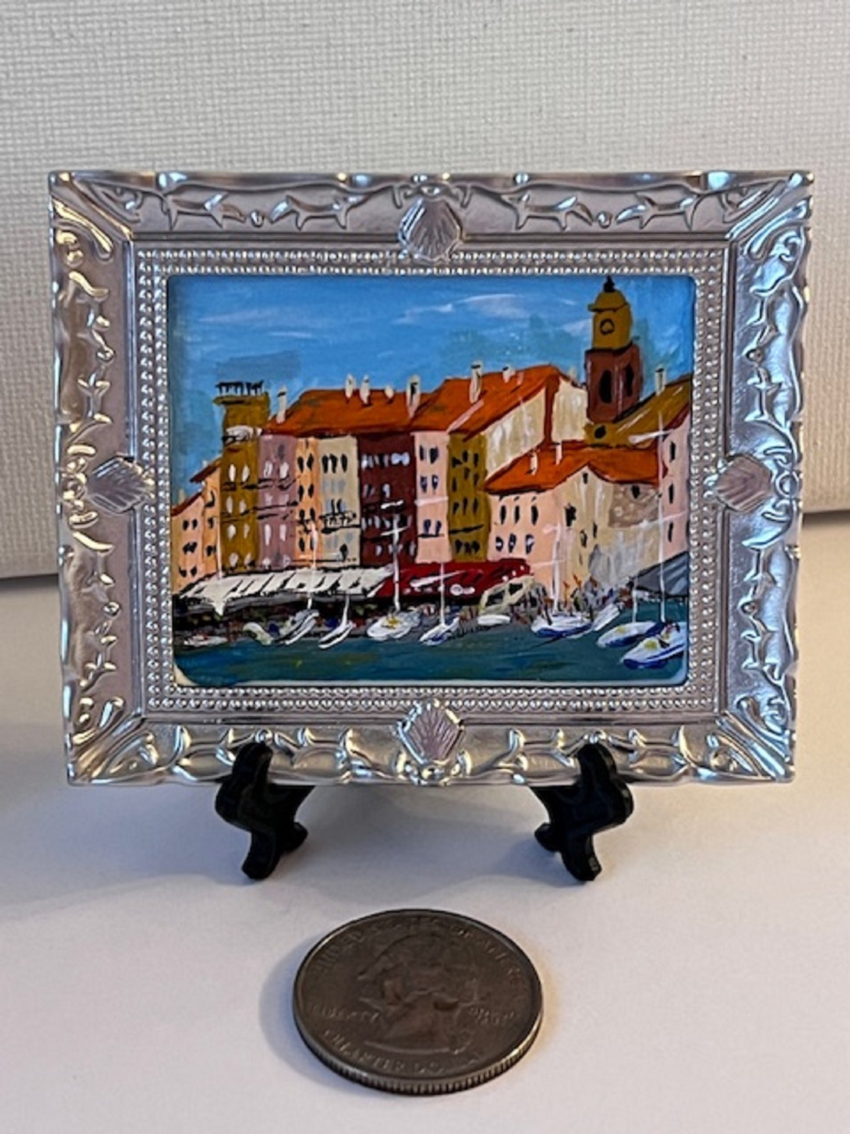MINIATURE 1:12 SCALE FRAMED ORIGINAL PAINTING CANNES COTE D AZUR FRANCE