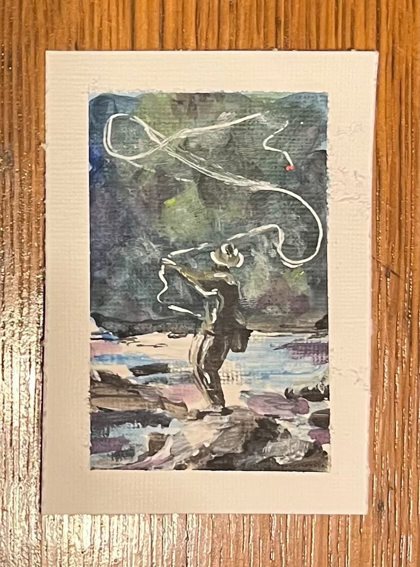 ACEO original fly fishing, river “Casting into the Storm” Signed 2.5×3.5 Acrylic