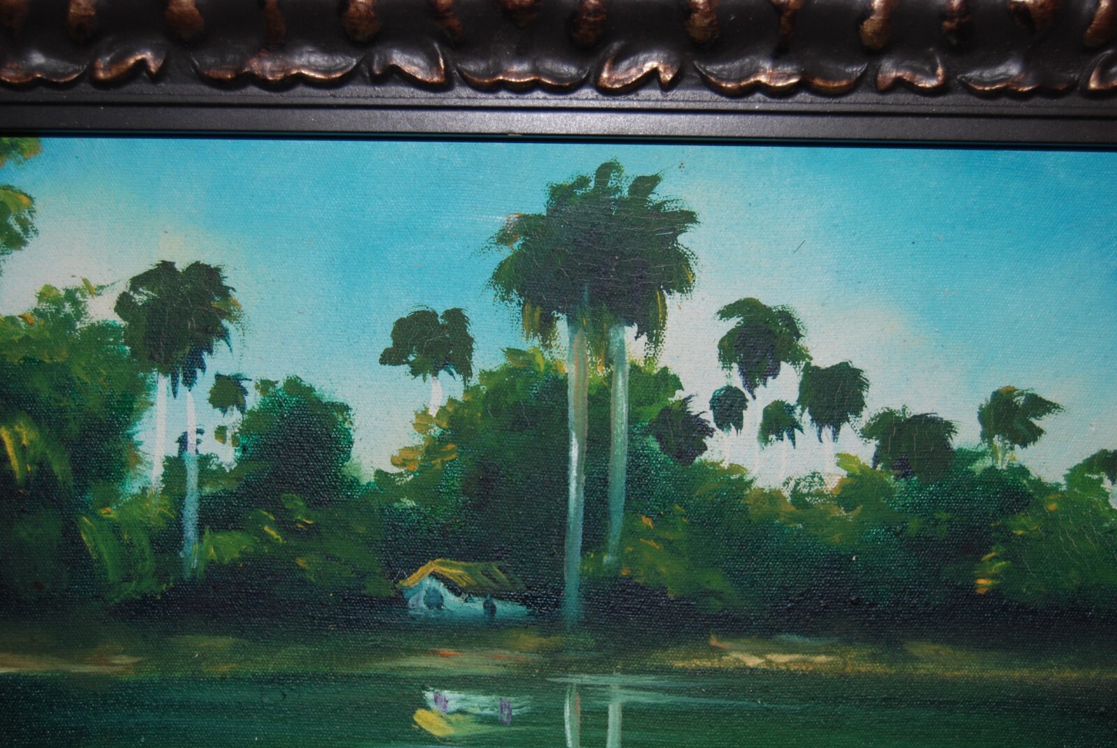 FRAMED SIGNED OIL PALMS AND HUT (BOHIO) A CUBAN COUNTRY SCENE ARTIST: CASTRILLON