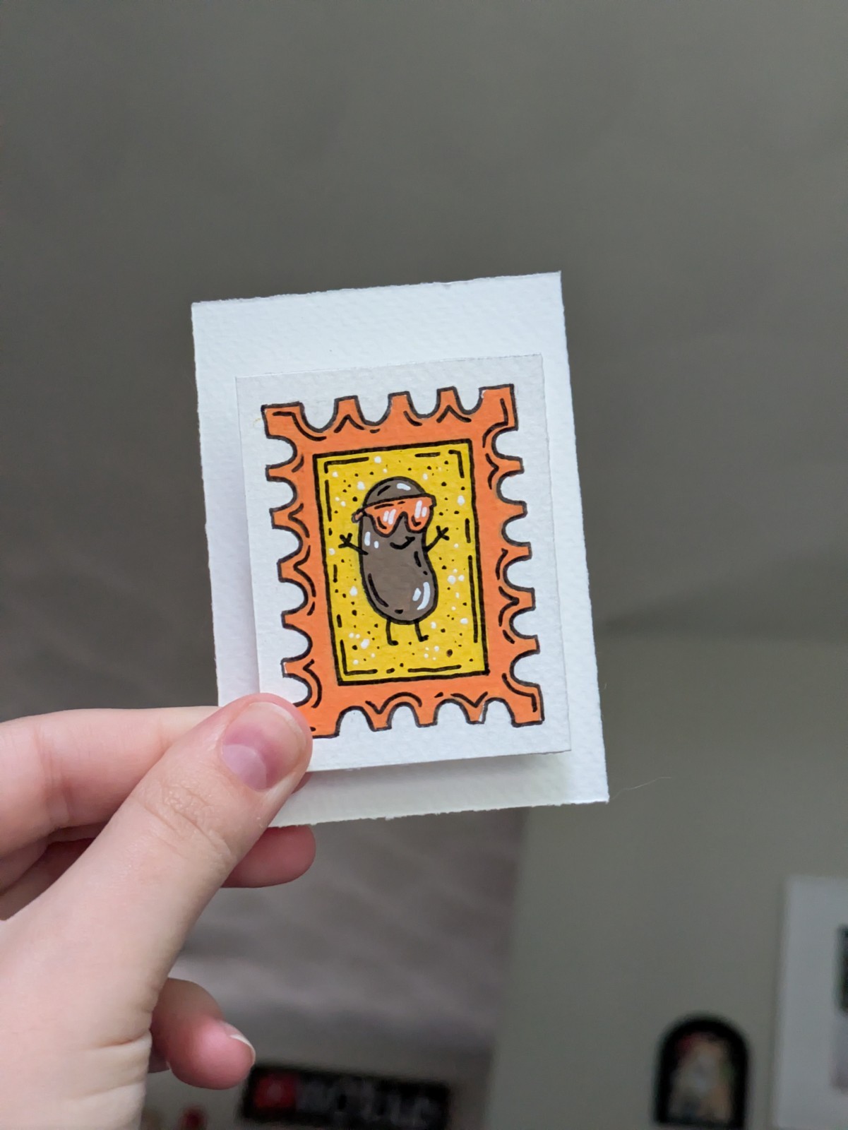 MINI ACEO Art Card, 2×2.5, One Cool Bean, Rad, Beans, Stamp Style By TS.EG
