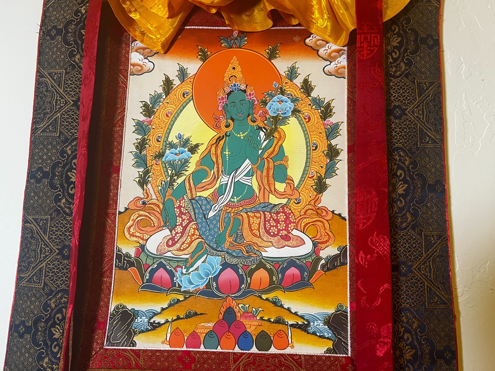 Green Tara Thangka 11×14 original Hand painted Tibetan buddism Thanka fabric