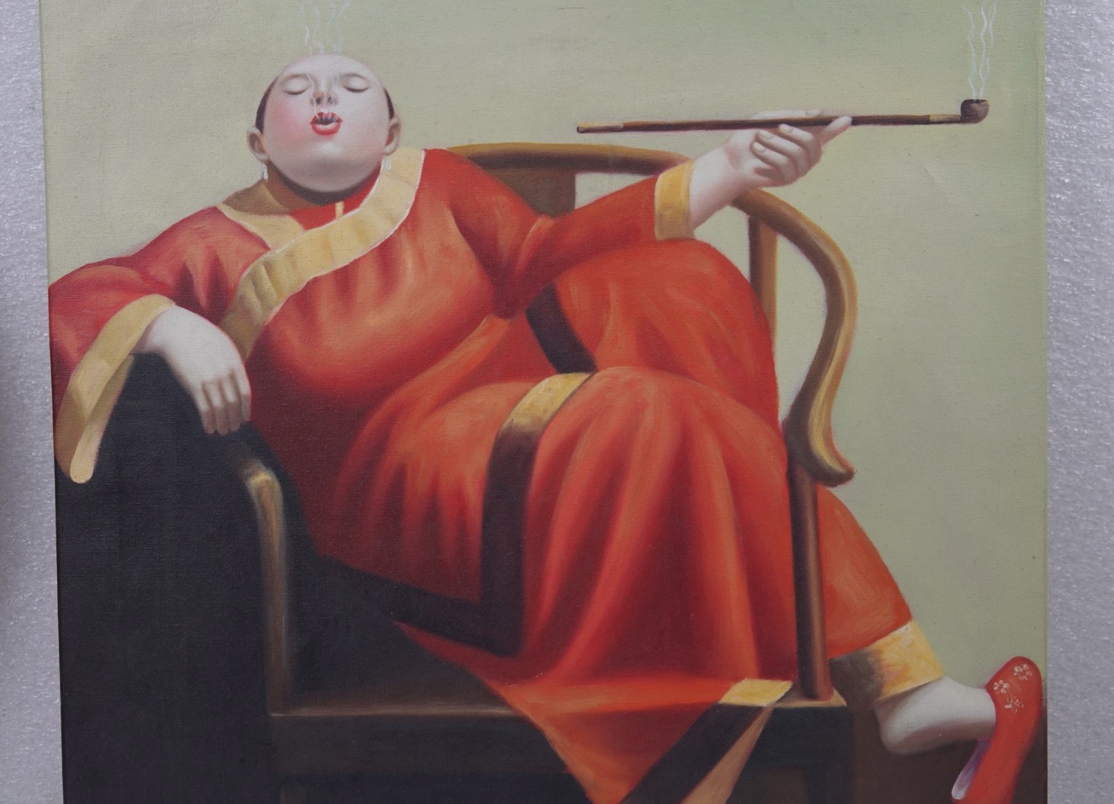 SMOKING FAT WOMAN ARTIST LIU BAO JUN OIL PAINTING REPRODUCTION ON CANVAS