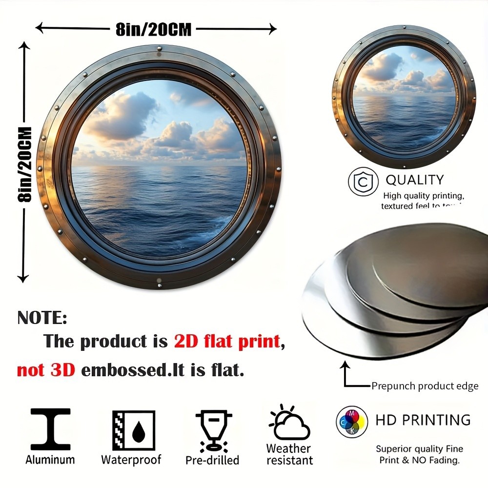 2D Flat Print 1x Vintage Seascape Window Theme Round Aluminum Wall Decor Plaque↗